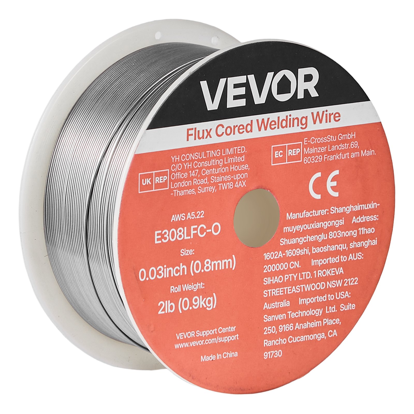 VEVOR Alambre de Soldadura MIG con Núcleo Fundente, E308LFC-O, 0,8 mm, 0,9 kg, de Acero Dulce sin Gas, con Bajas Salpicaduras para Soldadura por Arco en Cualquier Posición, para Uso en Exteriores
