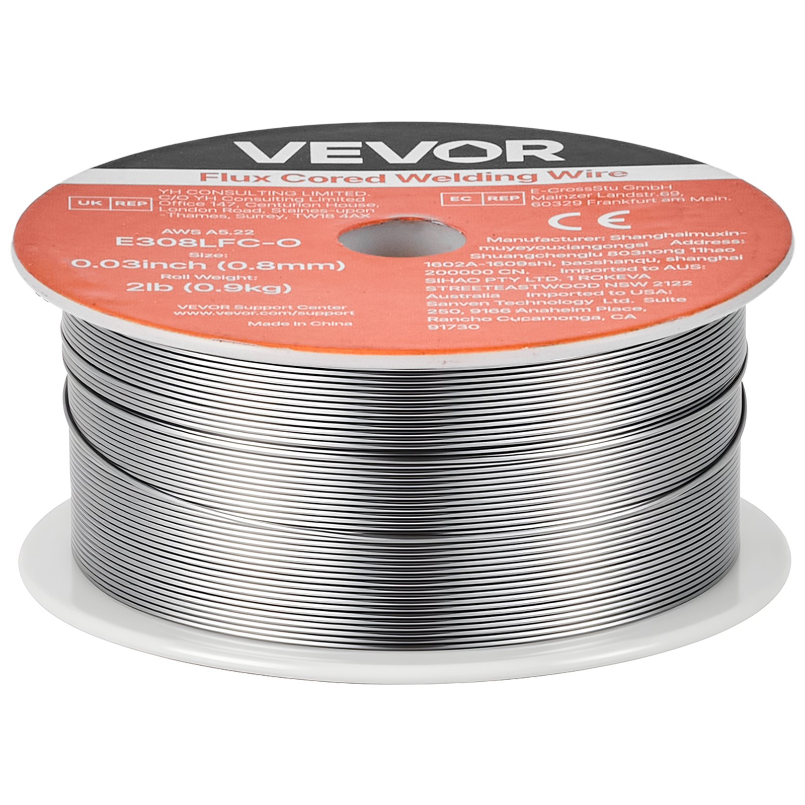VEVOR Alambre de Soldadura MIG con Núcleo Fundente, E308LFC-O, 0,8 mm, 0,9 kg, de Acero Dulce sin Gas, con Bajas Salpicaduras para Soldadura por Arco en Cualquier Posición, para Uso en Exteriores