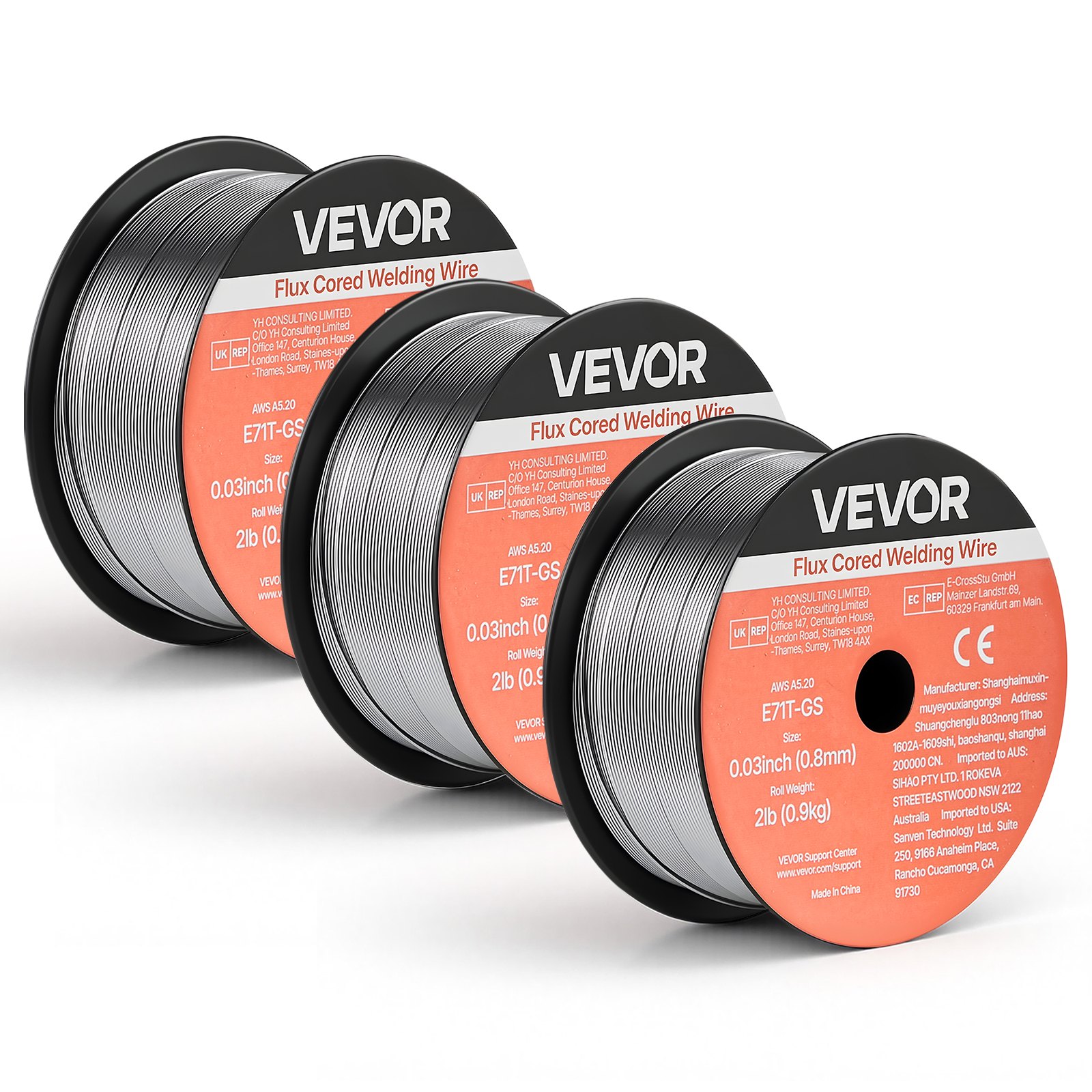 VEVOR Alambre de Soldadura MIG con Núcleo Fundente, E71T-GS, 0,8 mm, 0,9 kg, de Acero Dulce sin Gas, con Bajas Salpicaduras para Soldadura por Arco en Cualquier Posición, para Exteriores, 3 Rollos