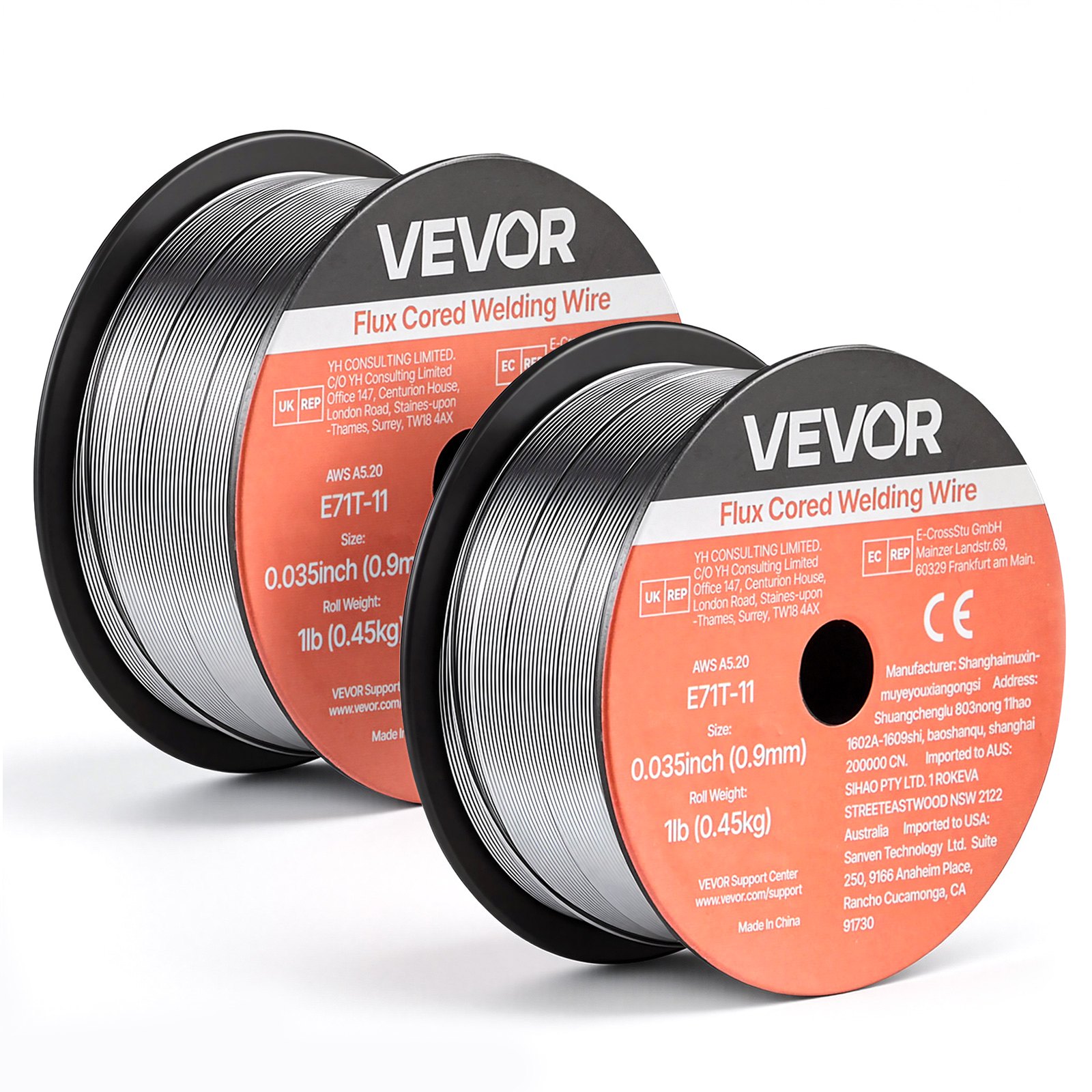 VEVOR Alambre de Soldadura MIG con Núcleo Fundente, E71T-11, 0,9 mm, 0,45 kg, Acero Dulce sin Gas, con Bajas Salpicaduras para Soldadura por Arco en Cualquier Posición, para Exteriores, 2 Rollos