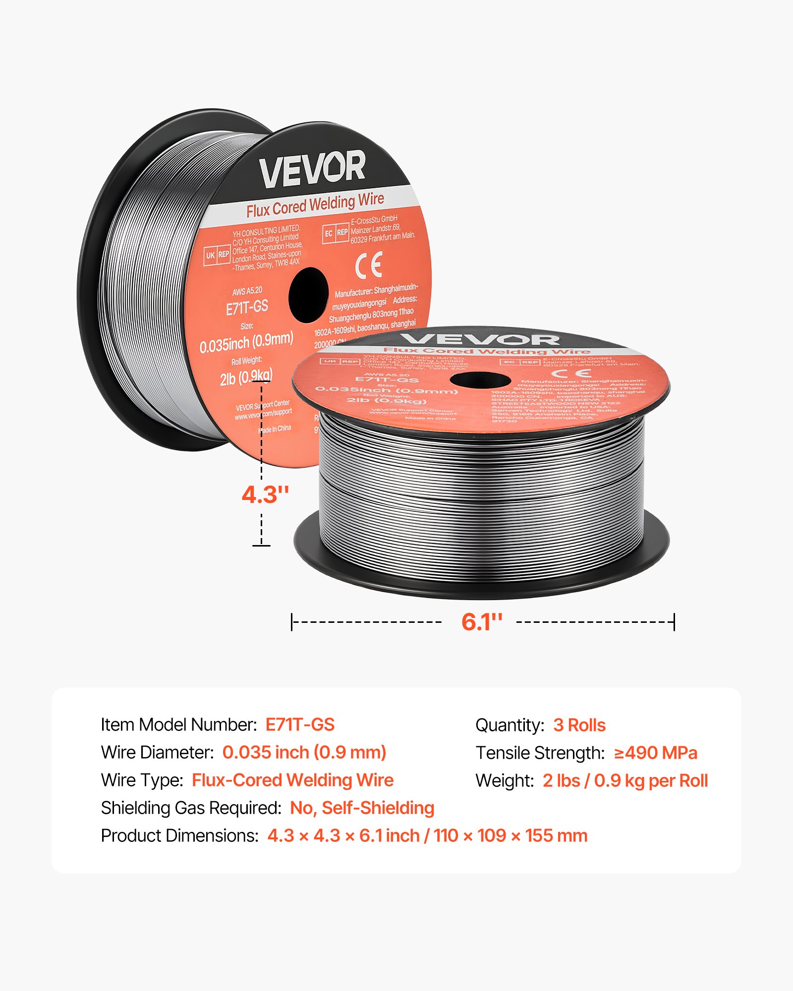 VEVOR Alambre de Soldadura MIG con Núcleo Fundente, E71T-GS, 0,9 mm, 0,9 kg, Acero Dulce sin Gas, con Bajas Salpicaduras para Soldadura por Arco en Cualquier Posición, para Exteriores, 3 Rollos