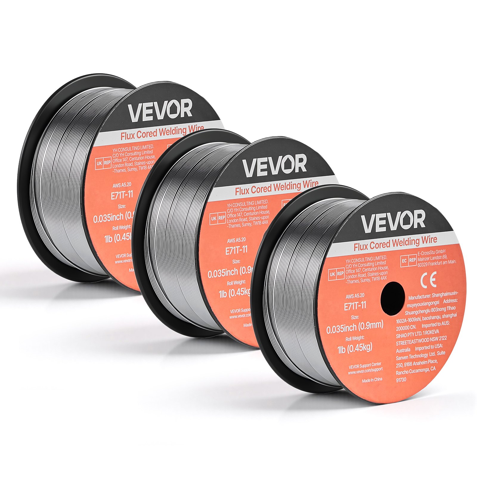 VEVOR Alambre de Soldadura MIG con Núcleo Fundente, E71T-11, 0,9 mm, 0,45 kg, Acero Dulce sin Gas, con Bajas Salpicaduras para Soldadura por Arco en Cualquier Posición, para Exteriores, 3 Rollos