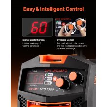 VEVOR Máquina de Soldadura MIG Sinérgica de 130 A, Multiproceso 2 en 1 con Núcleo Fundente MIG a Gas/sin Gas, con Tecnología de Inversor IGBT y Pantalla de Visualización Digital, ≤ 8 mm, Negro