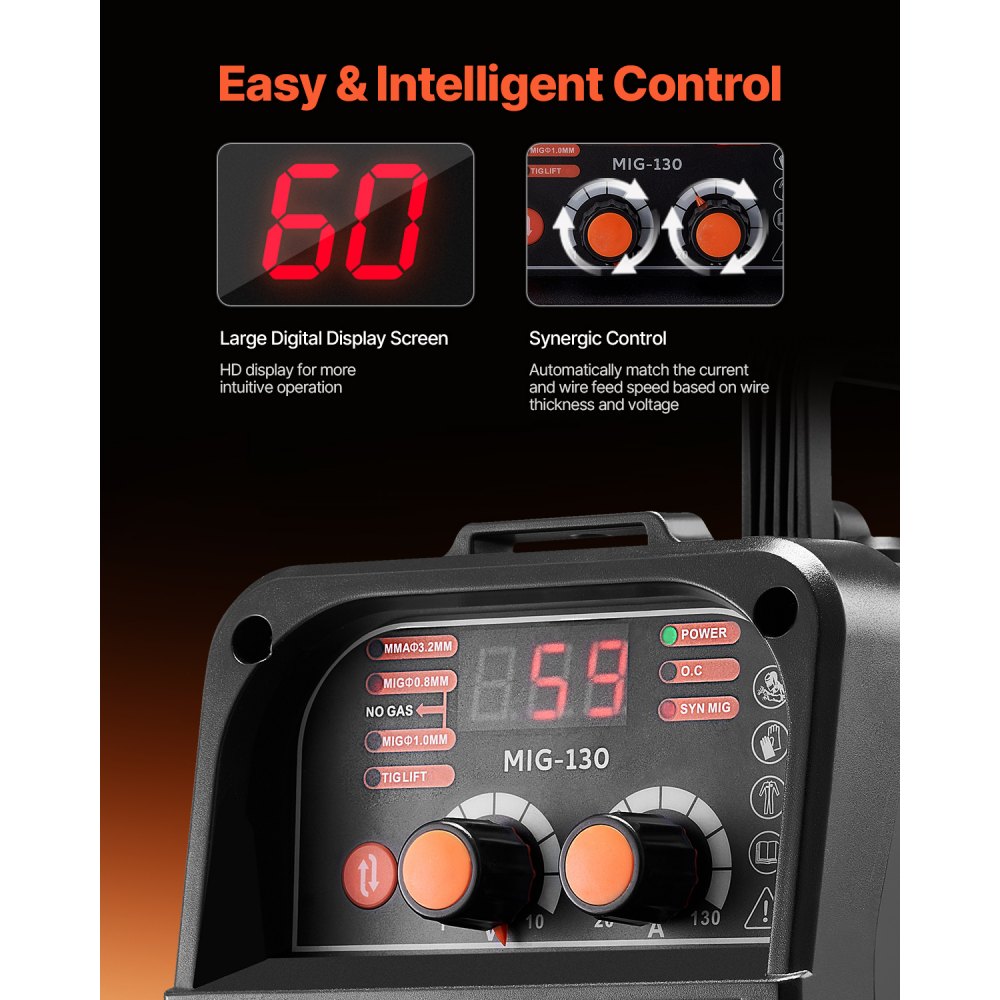 VEVOR Soldador MIG 130 A Multiproceso con Núcleo Fundente 3 en 1, Soldador MIG Portátil con Tecnología de Inversor IGBT y Pantalla de Visualización Digital, Amplias Aplicaciones, 320 x 150 x 250 mm