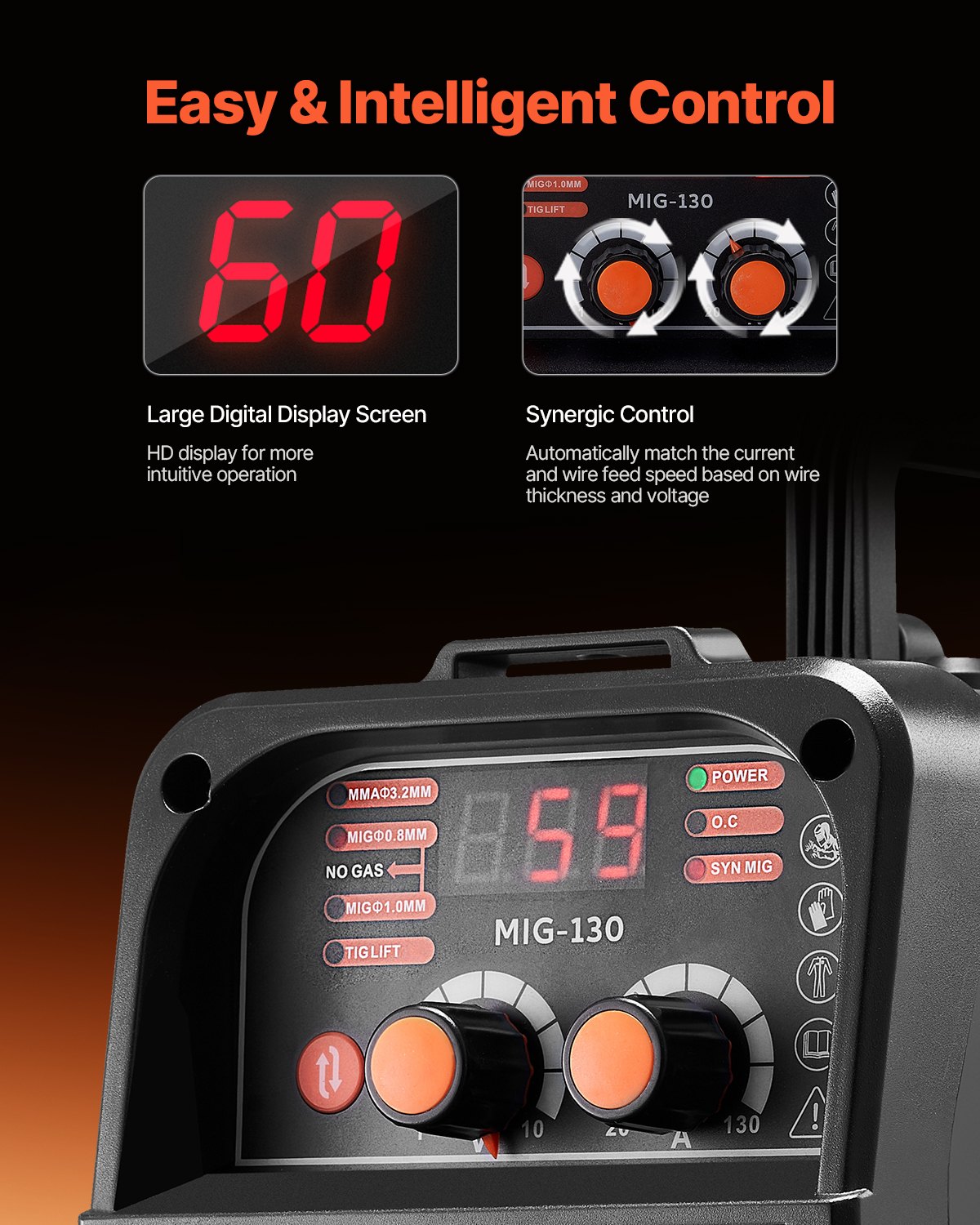 VEVOR Soldador MIG 130 A Multiproceso con Núcleo Fundente 3 en 1, Soldador MIG Portátil con Tecnología de Inversor IGBT y Pantalla de Visualización Digital, Amplias Aplicaciones, 320 x 150 x 250 mm