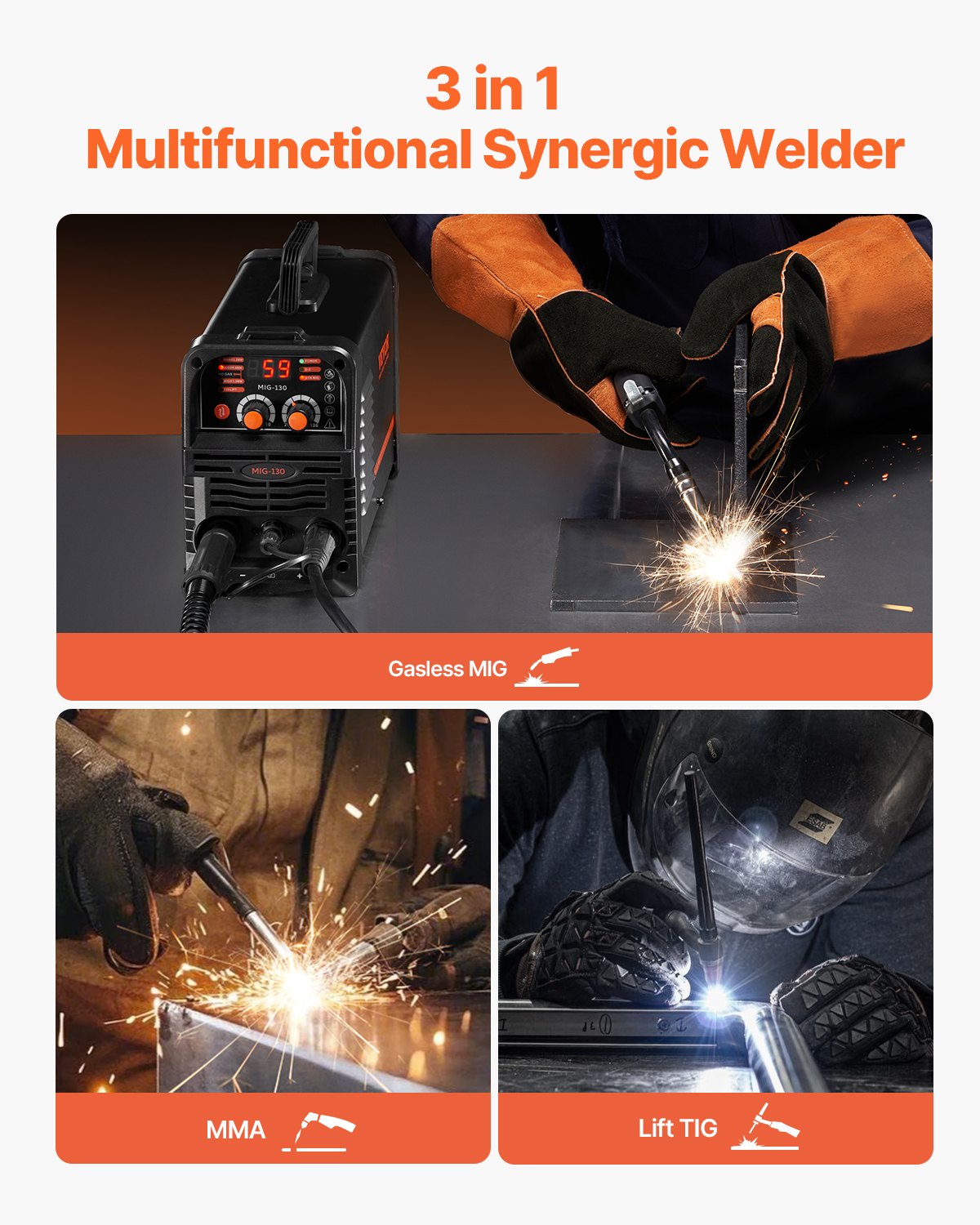 VEVOR Soldador MIG 130 A Multiproceso con Núcleo Fundente 3 en 1, Soldador MIG Portátil con Tecnología de Inversor IGBT y Pantalla de Visualización Digital, Amplias Aplicaciones, 320 x 150 x 250 mm