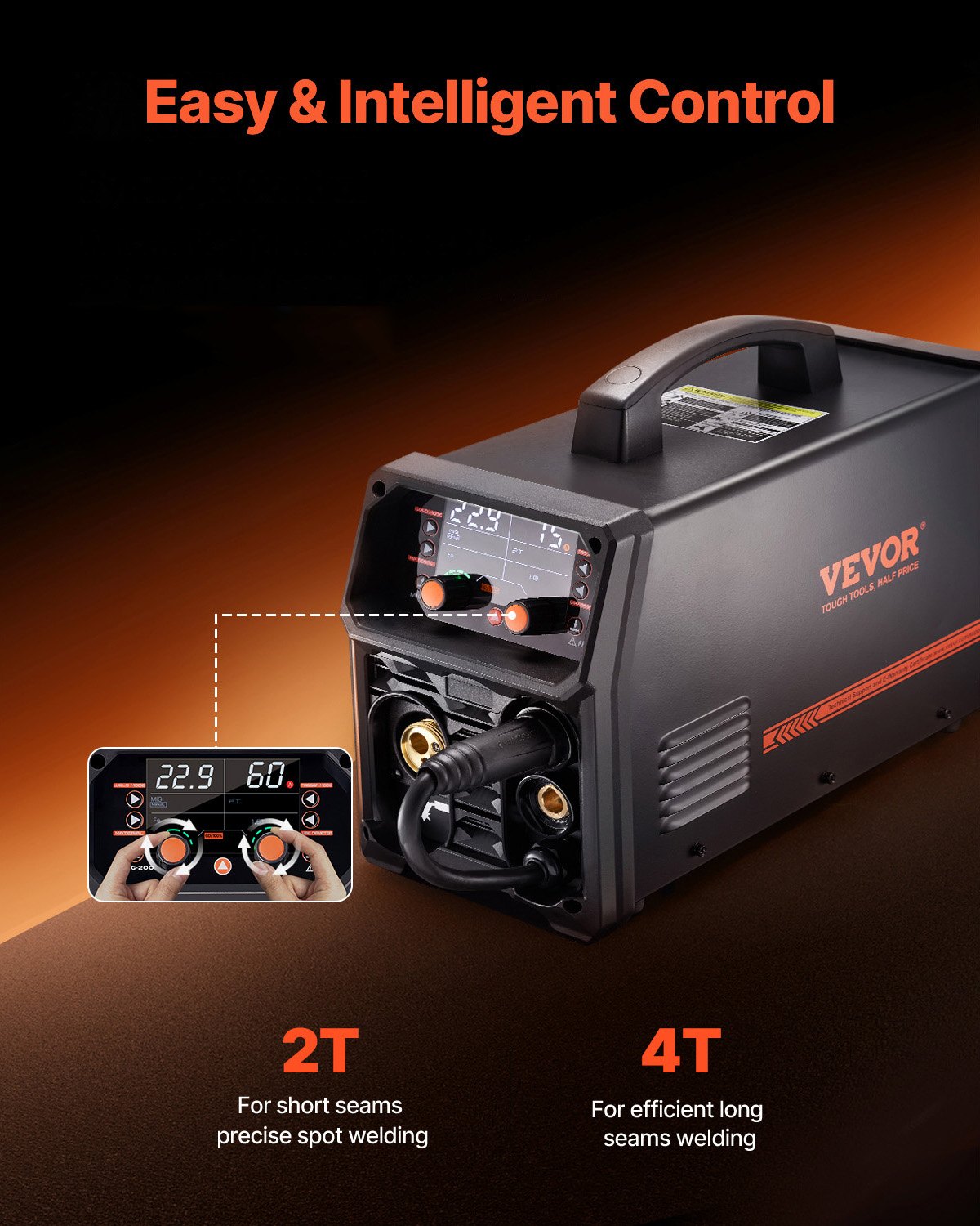 VEVOR Máquina de Soldadura de 200 A Sinérgica 5 en 1 MIG a Gas/MIG con Núcleo Fundente/STICK/LIFT TIG/MIG PLUSE con Tecnología de Inversor IGBT y Pantalla LCD, 6,1 KVA, 430 x 180 x 320 mm, Negro