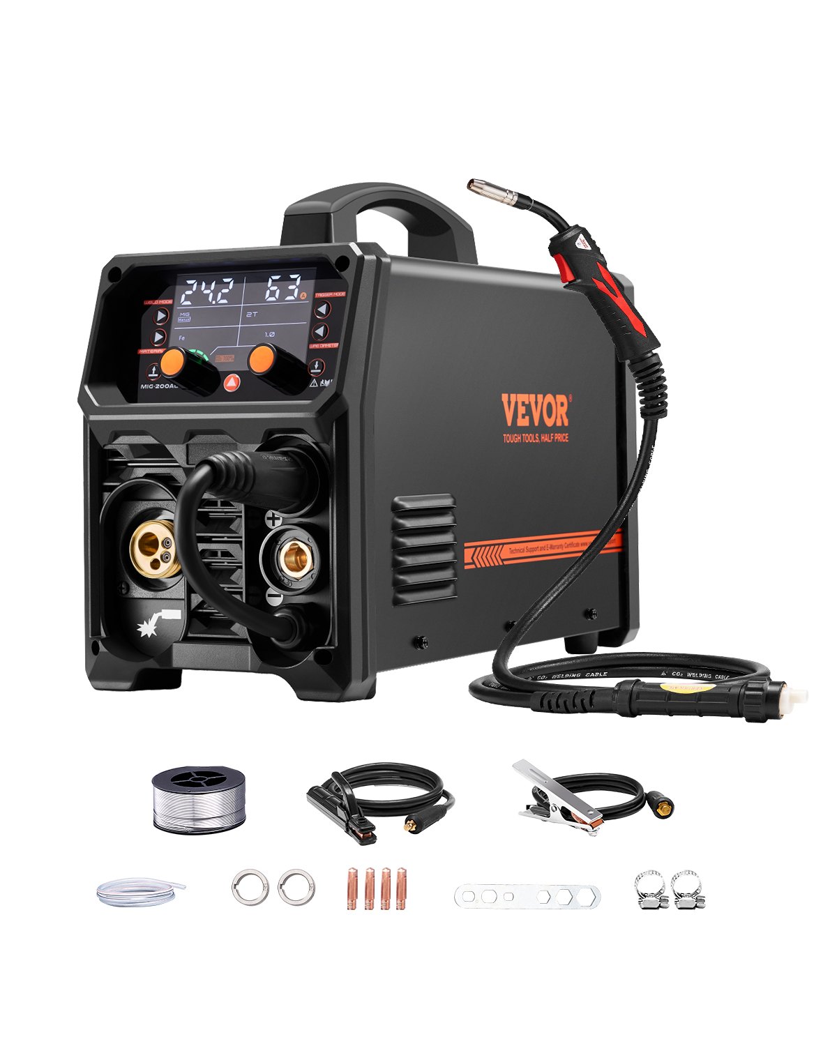 VEVOR Máquina de Soldadura de 200 A Sinérgica 5 en 1 MIG a Gas/MIG con Núcleo Fundente/STICK/LIFT TIG/MIG PLUSE con Tecnología de Inversor IGBT y Pantalla LCD, 6,1 KVA, 430 x 180 x 320 mm, Negro