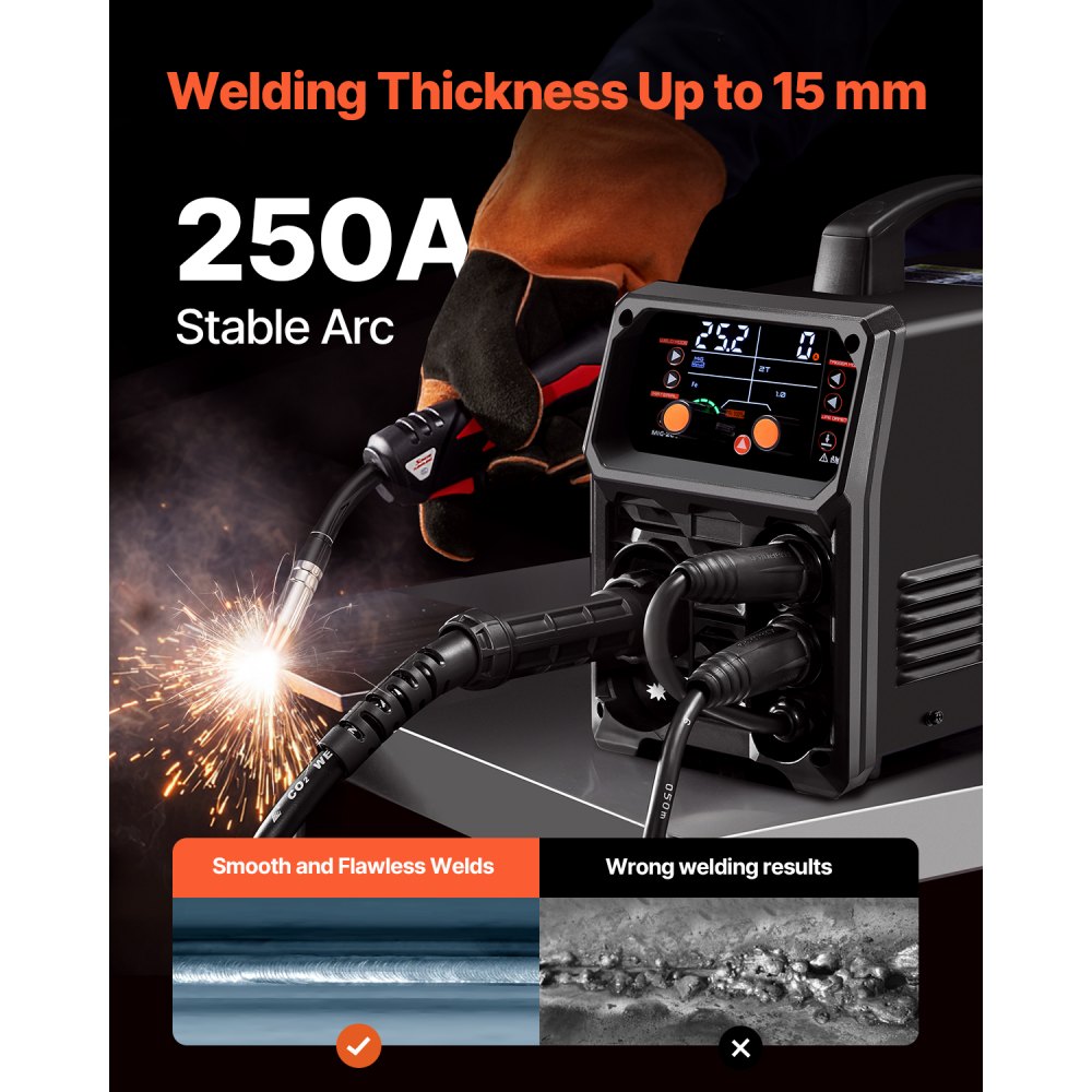 VEVOR Soldador Pro MIG 250 A, Máquina de Soldadura Sinérgica 5 en 1 MIG a Gas/MIG con Núcleo Fundente/STick/Lift TIG/MIG PLUSE con Tecnología de Inversor IGBT y Pantalla LCD, 430 x 180 x 320 mm