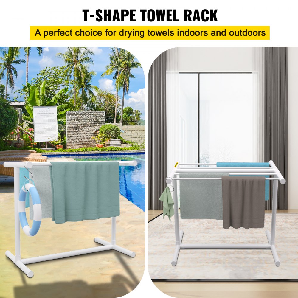 VEVOR Towel Rack with 5 Towel Bars, Freestanding, Spa/Swimming Pool Towel Holder, 102 x 46 x 102 cm, White, 25 kg Load Capacity, PVC Towel Stand with 8 Towel Clips & 1 Hook