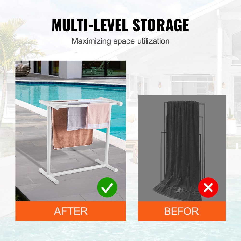 VEVOR Toallero para piscina 5 barras organizador de almacenamiento independiente en forma de T de PVC para exteriores incluye 8 clips para toallas, bolsa de malla, gancho para playa, piscina, hogar