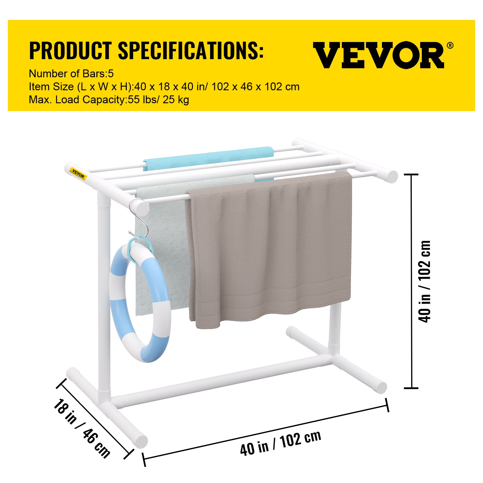 VEVOR Towel Rack with 5 Towel Bars, Freestanding, Spa/Swimming Pool Towel Holder, 102 x 46 x 102 cm, White, 25 kg Load Capacity, PVC Towel Stand with 8 Towel Clips & 1 Hook