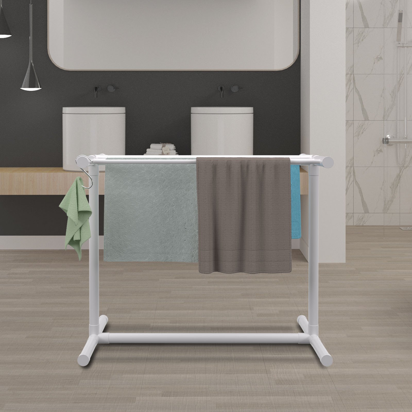 VEVOR Towel Rack with 5 Towel Bars, Freestanding, Spa/Swimming Pool Towel Holder, 102 x 46 x 102 cm, White, 25 kg Load Capacity, PVC Towel Stand with 8 Towel Clips & 1 Hook