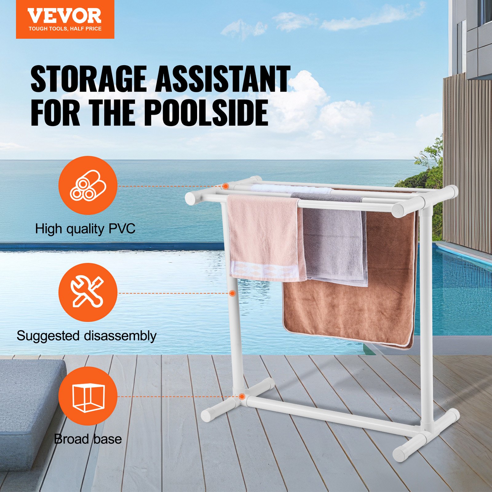 VEVOR Toallero para piscina 5 barras organizador de almacenamiento independiente en forma de T de PVC para exteriores incluye 8 clips para toallas, bolsa de malla, gancho para playa, piscina, hogar