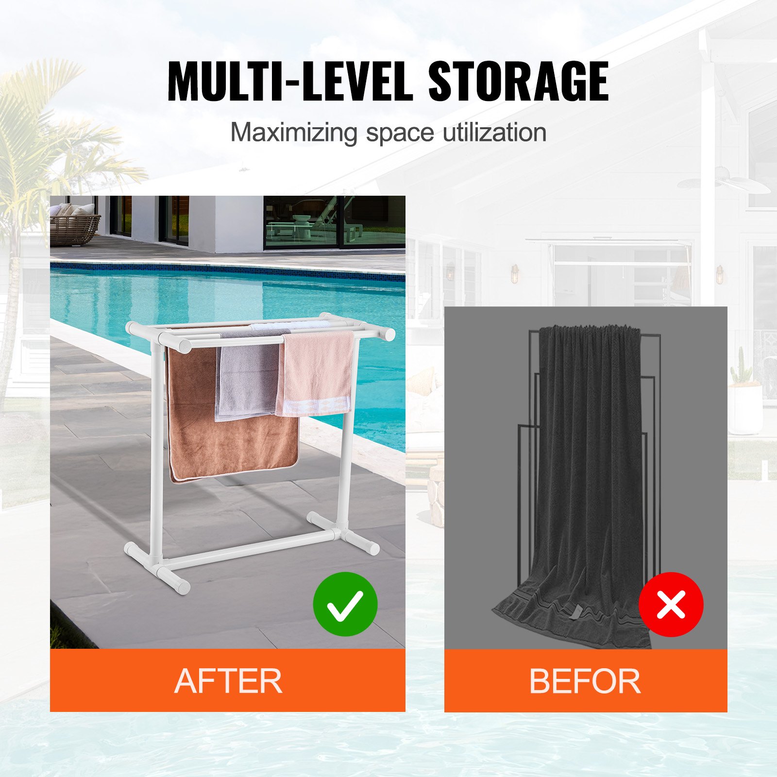 VEVOR Toallero para piscina 5 barras organizador de almacenamiento independiente en forma de T de PVC para exteriores incluye 8 clips para toallas, bolsa de malla, gancho para playa, piscina, hogar