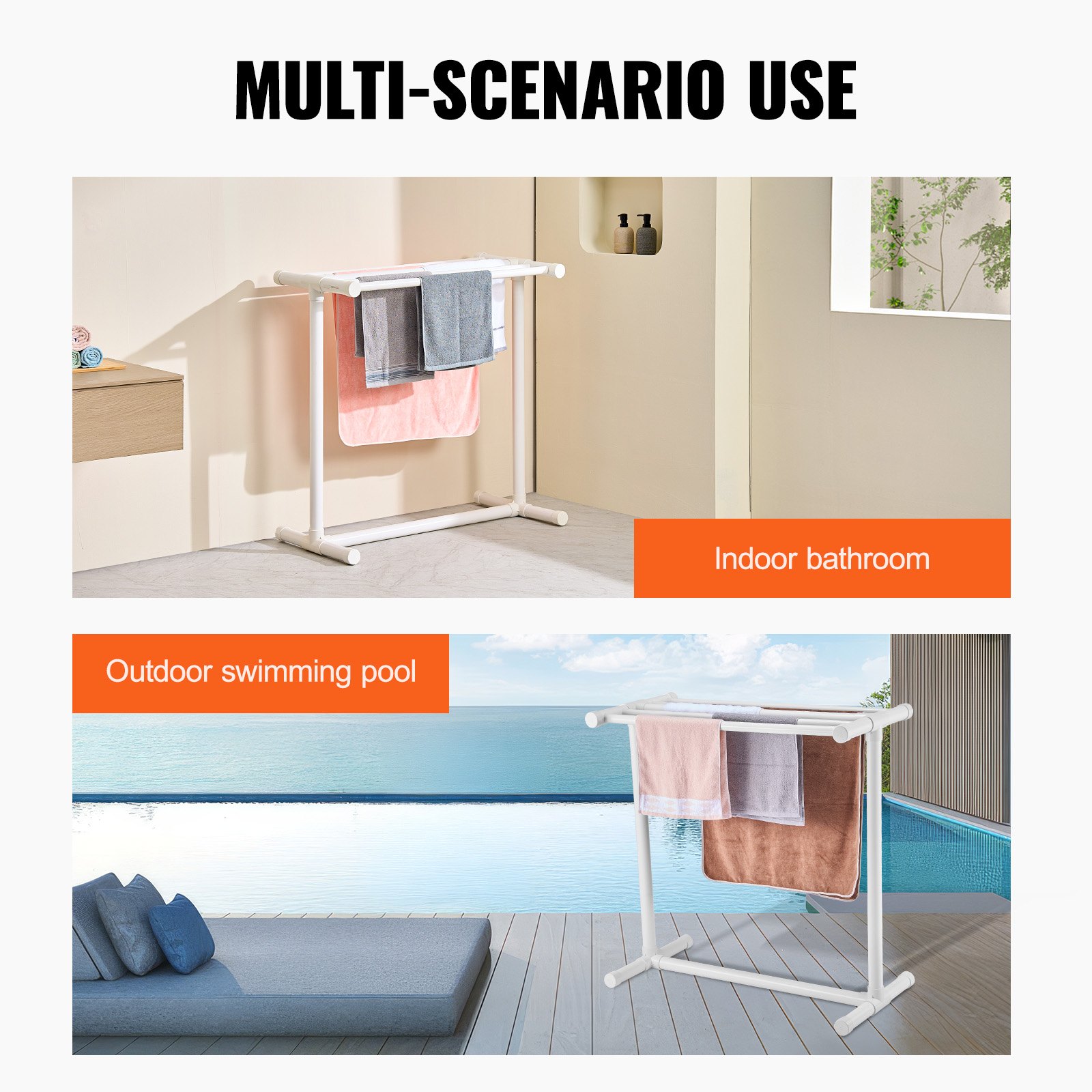 VEVOR Toallero para piscina 5 barras organizador de almacenamiento independiente en forma de T de PVC para exteriores incluye 8 clips para toallas, bolsa de malla, gancho para playa, piscina, hogar