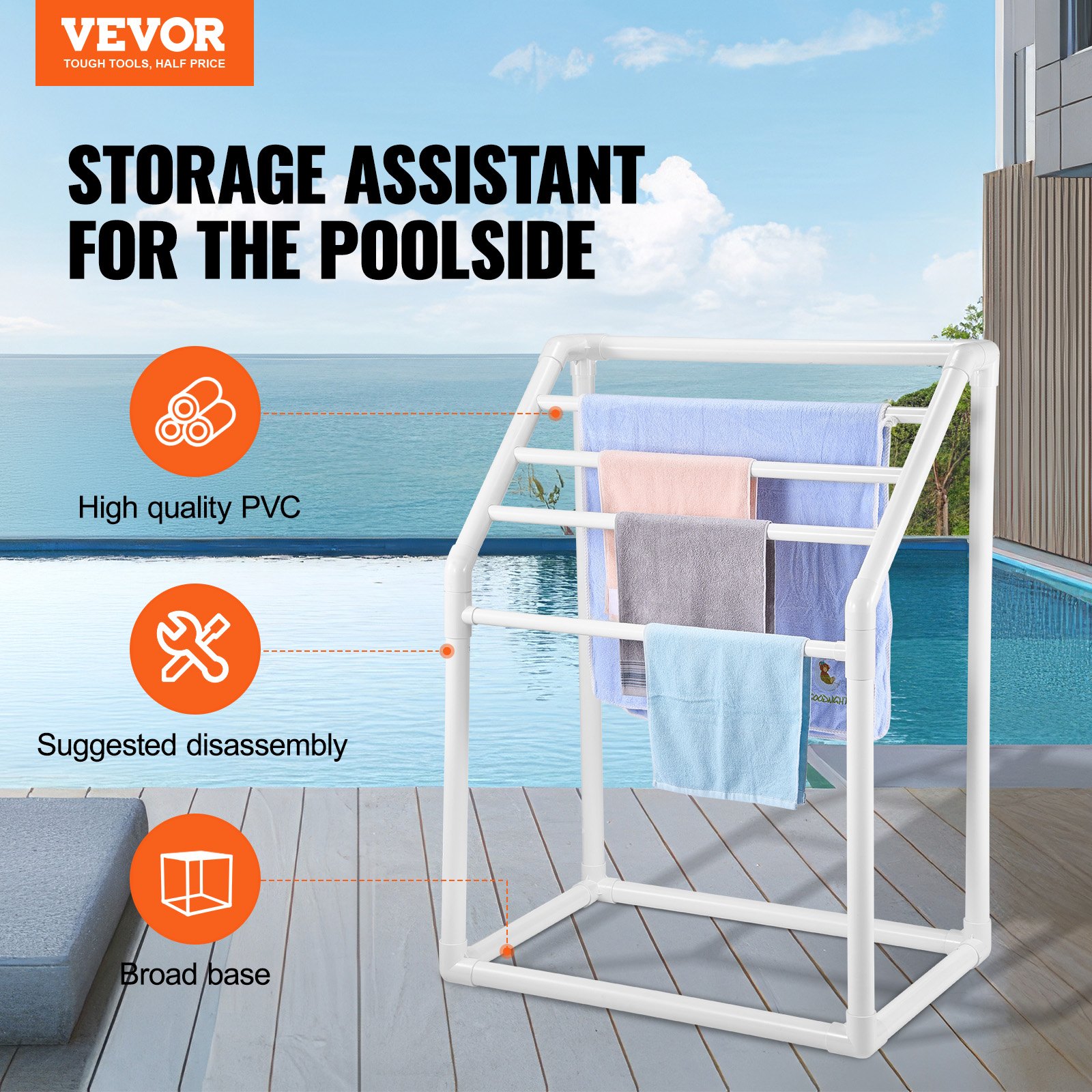 VEVOR Toallero Independiente de 5 Barras Toallero de Baño Blanco Toallero de PVC Carga de 25 kg Organizador de Servilletas Fácil de Montar Colgador de Toallas para Piscina Baño Spa Exterior Interior