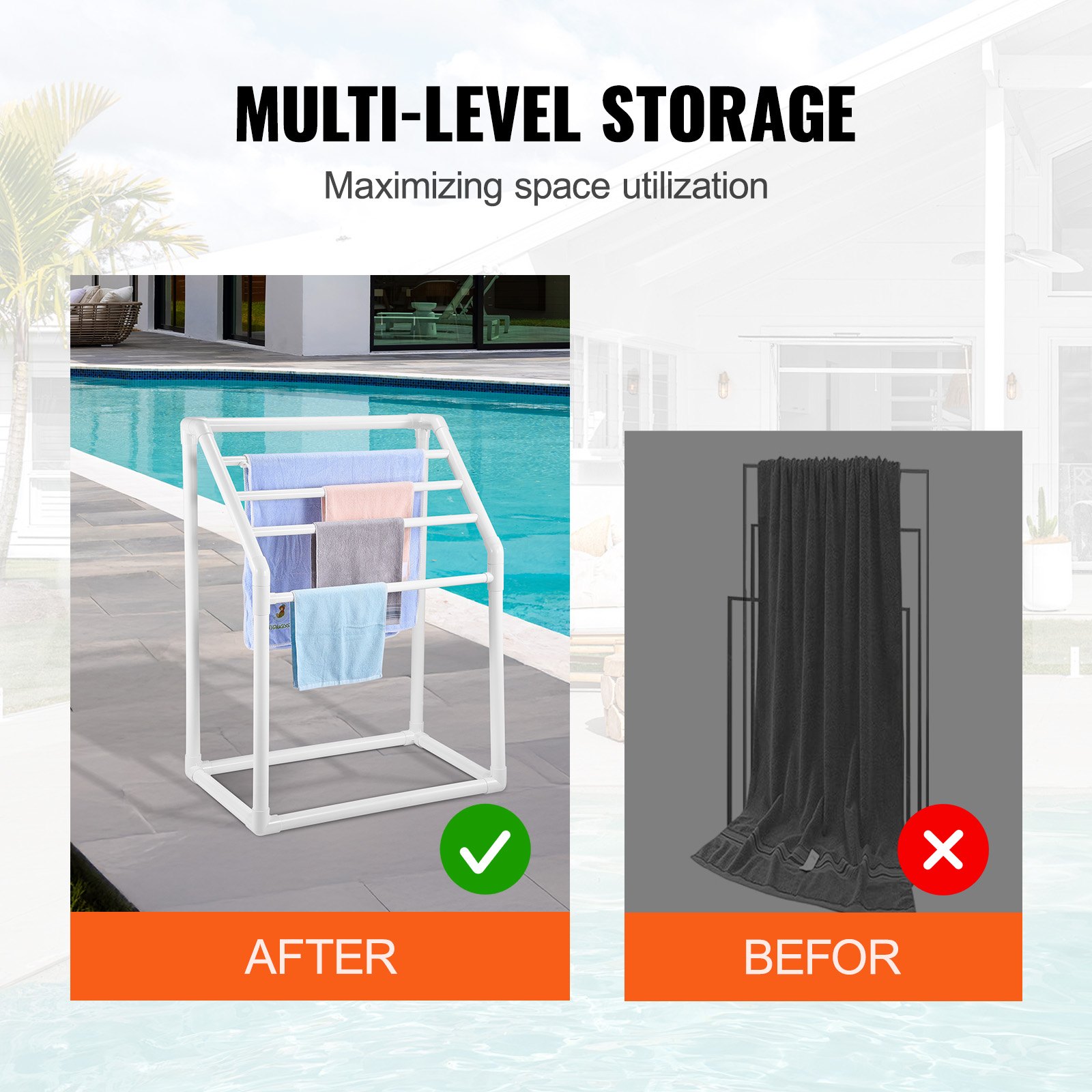 VEVOR Toallero Independiente de 5 Barras Toallero de Baño Blanco Toallero de PVC Carga de 25 kg Organizador de Servilletas Fácil de Montar Colgador de Toallas para Piscina Baño Spa Exterior Interior