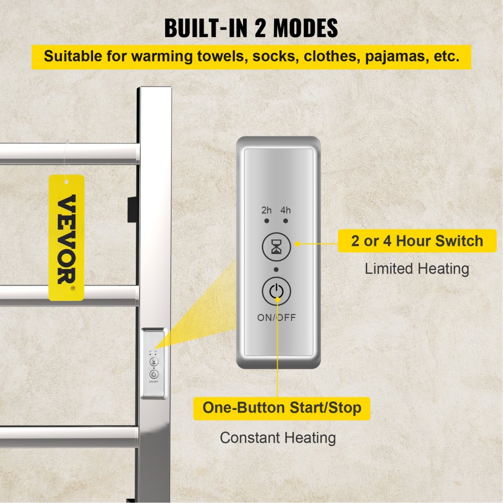 VEVOR Radiador Toallero Eléctrico 4 Barras Calentador de Toallas 220 V 50 W Toallero Calentado Acero Inoxidable Secatoallas de Baño IP55 2 Modos Seca y Calienta Toallas Capacidad de Carga de 11 libras