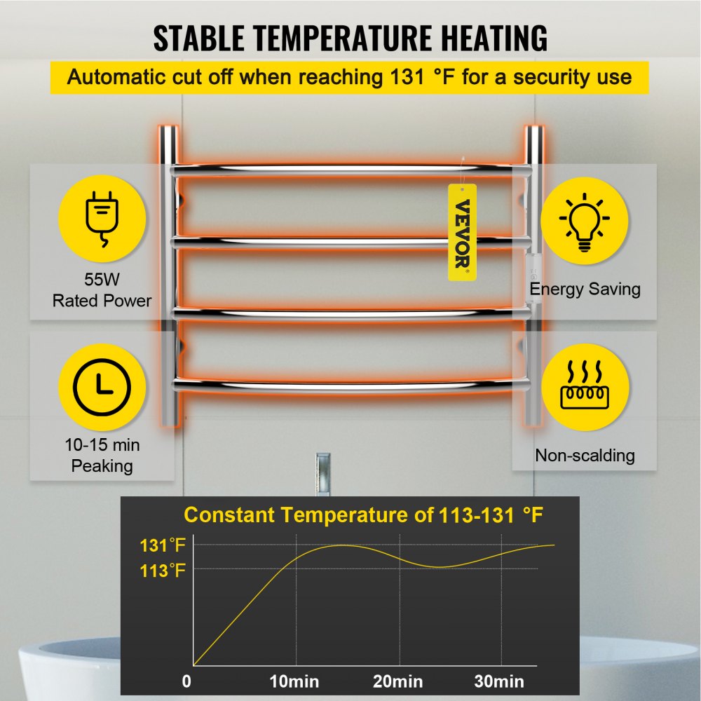 VEVOR Radiador Toallero Eléctrico 4 Barras Calentador de Toallas 220V 55W Toallero Calentado Acero Inoxidable Secatoallas de Baño IP55 2 Modos Seca y Calienta Toallas Carga de 11 Libras Diseño Curvo