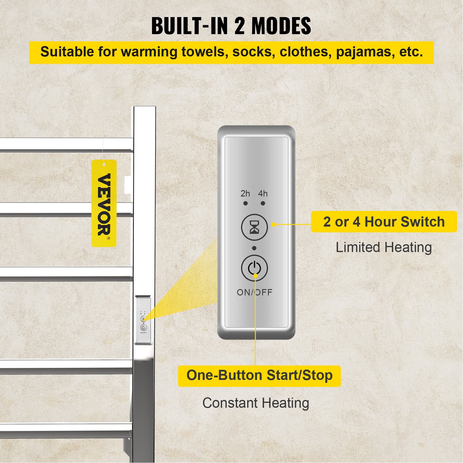 VEVOR Toallero con calefacción, diseño de 6 Barras, Calentador de Toallas eléctrico de Acero Inoxidable Pulido con Temporizador Integrado, Montaje en Pared para baño, Enchufe/cableado, Certificado UL