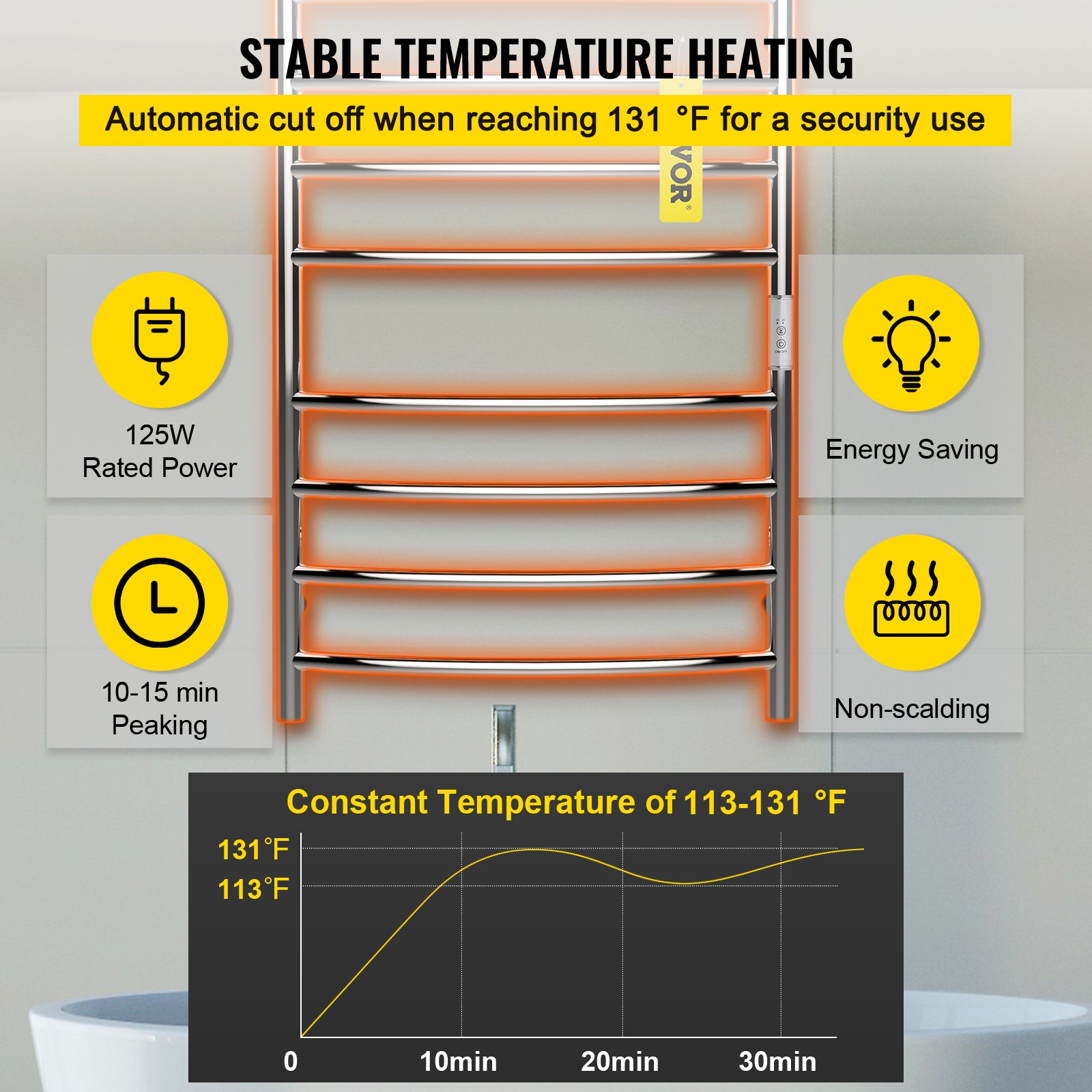 VEVOR Radiador Toallero Eléctrico 8 Barras Calentador de Toallas 220V 125W Toallero Calentado Acero Inoxidable Secatoallas de Baño IP55 2 Modos Seca y Calienta Toallas Carga de 11 Libras Diseño Curvo