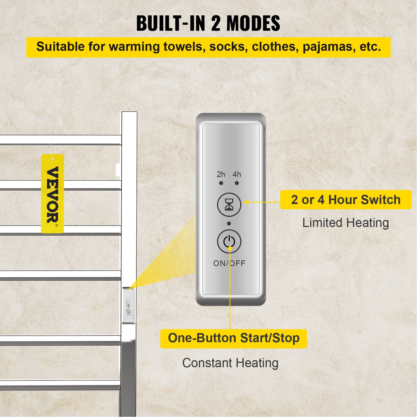 VEVOR Toallero calefactado, diseño de 8 Barras, Calentador de Toallas eléctrico de Acero Inoxidable Pulido con Temporizador Integrado, Montaje en Pared para baño, Enchufe/cableado, Certificado UL