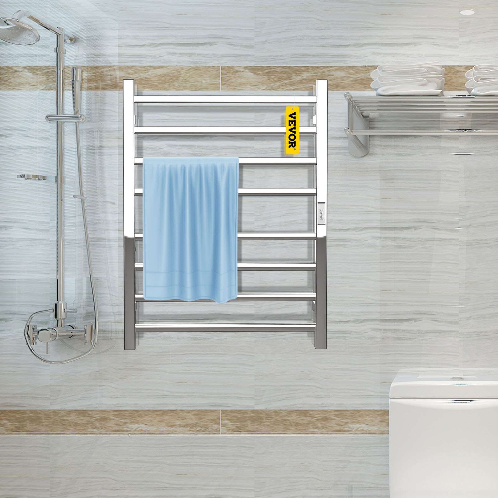 VEVOR Toallero calefactado, diseño de 8 Barras, Calentador de Toallas eléctrico de Acero Inoxidable Pulido con Temporizador Integrado, Montaje en Pared para baño, Enchufe/cableado, Certificado UL