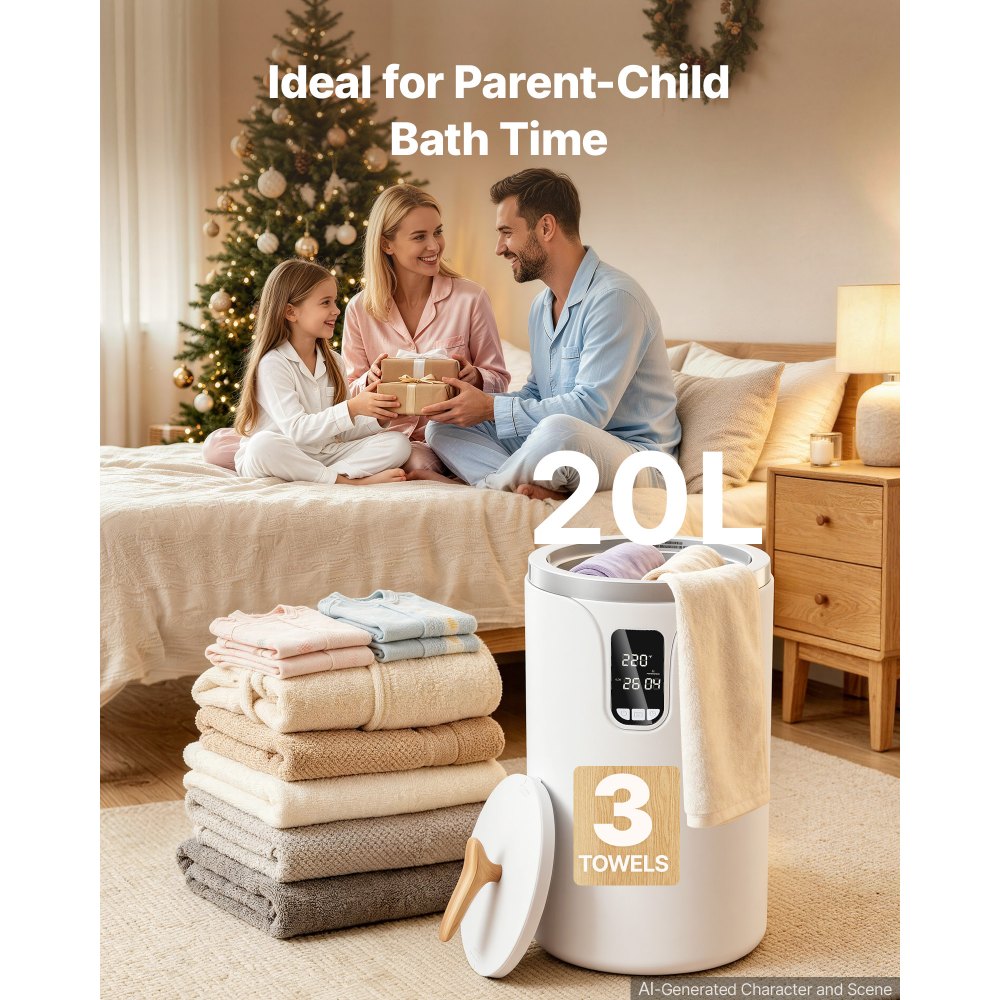 VEVOR Calentador de Toallas de 20 L con Pantalla LED Calentador de Mantas Apagado Automático Temporizador de 3 Niveles Bloqueo de Seguridad Secador de Toallas Portátil para Spa, Hogar, Baño, Blanco