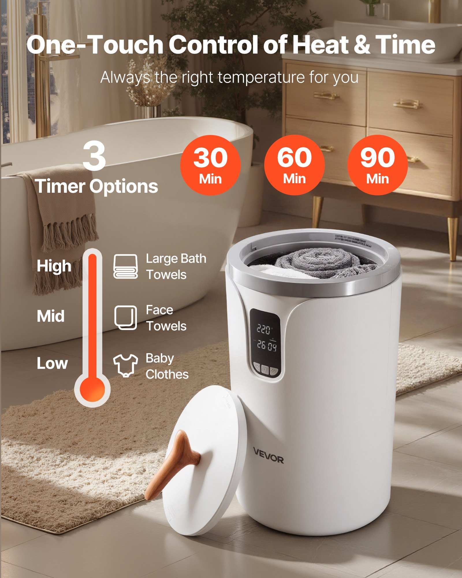 VEVOR Calentador de Toallas de 20 L con Pantalla LED Calentador de Mantas Apagado Automático Temporizador de 3 Niveles Bloqueo de Seguridad Secador de Toallas Portátil para Spa, Hogar, Baño, Blanco