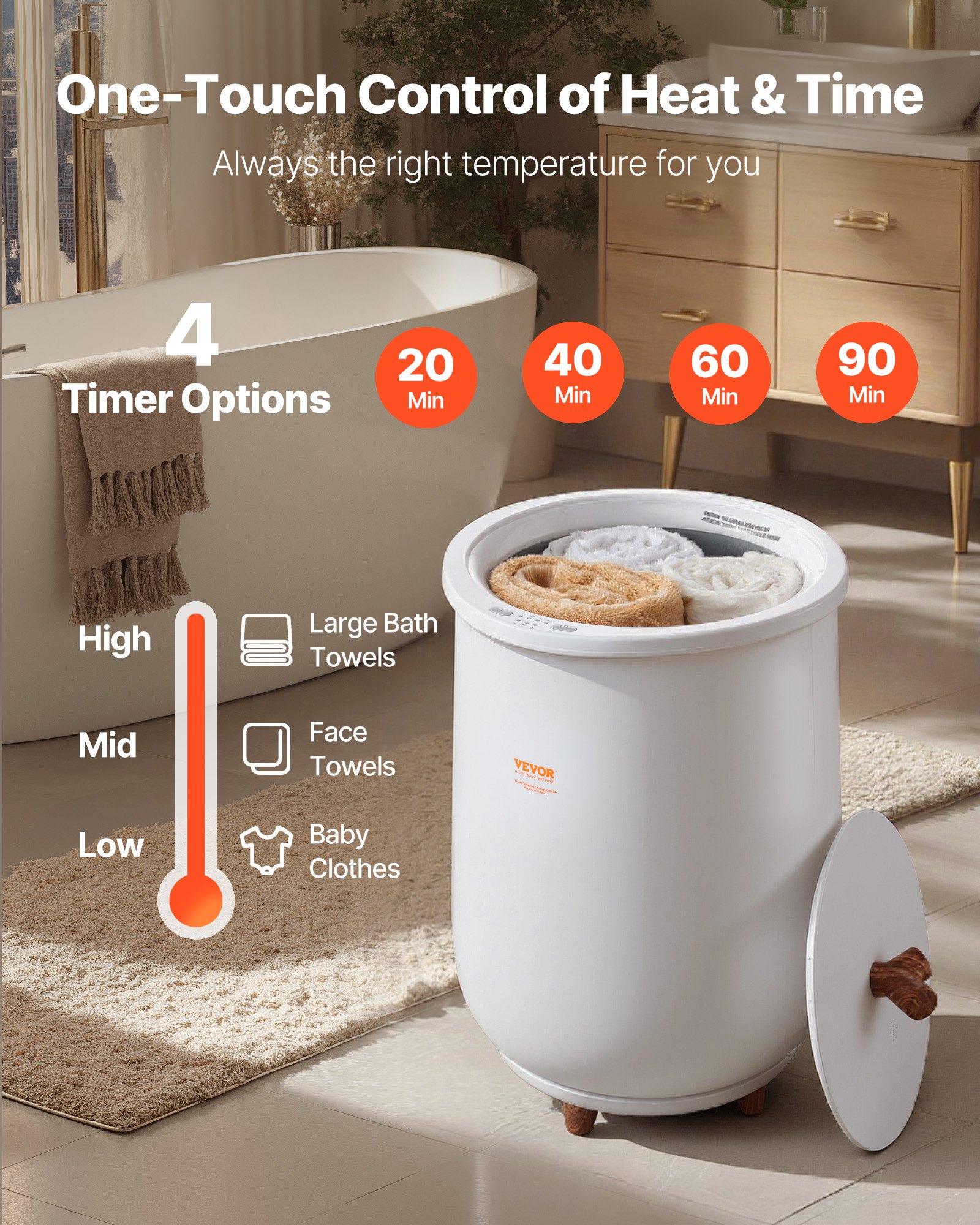 VEVOR Calentador de Toallas Portátil Cubo de 20 L Duración y Temperatura Ajustables con Luz LED Secador de Toallas Mantas Albornoces Apagado Automático para Cuidado Facial Spa Masaje Baño, Blanco