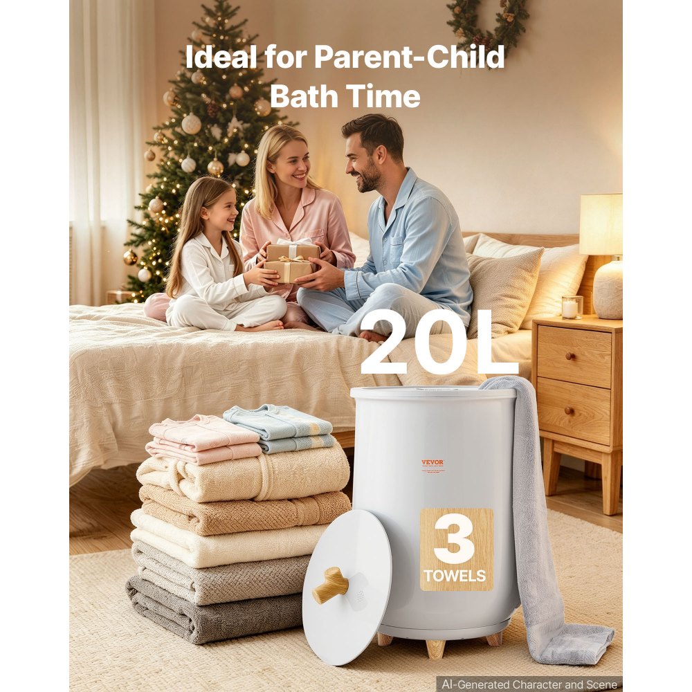 VEVOR Calentador de Toallas Cubo de 20 L con Luz Indicadora LED Calentador de Mantas Apagado Automático Secador de Toallas Portátil Temperatura Ajustable para Spa, Hogar, Baño, Manta, Pijama, Gris