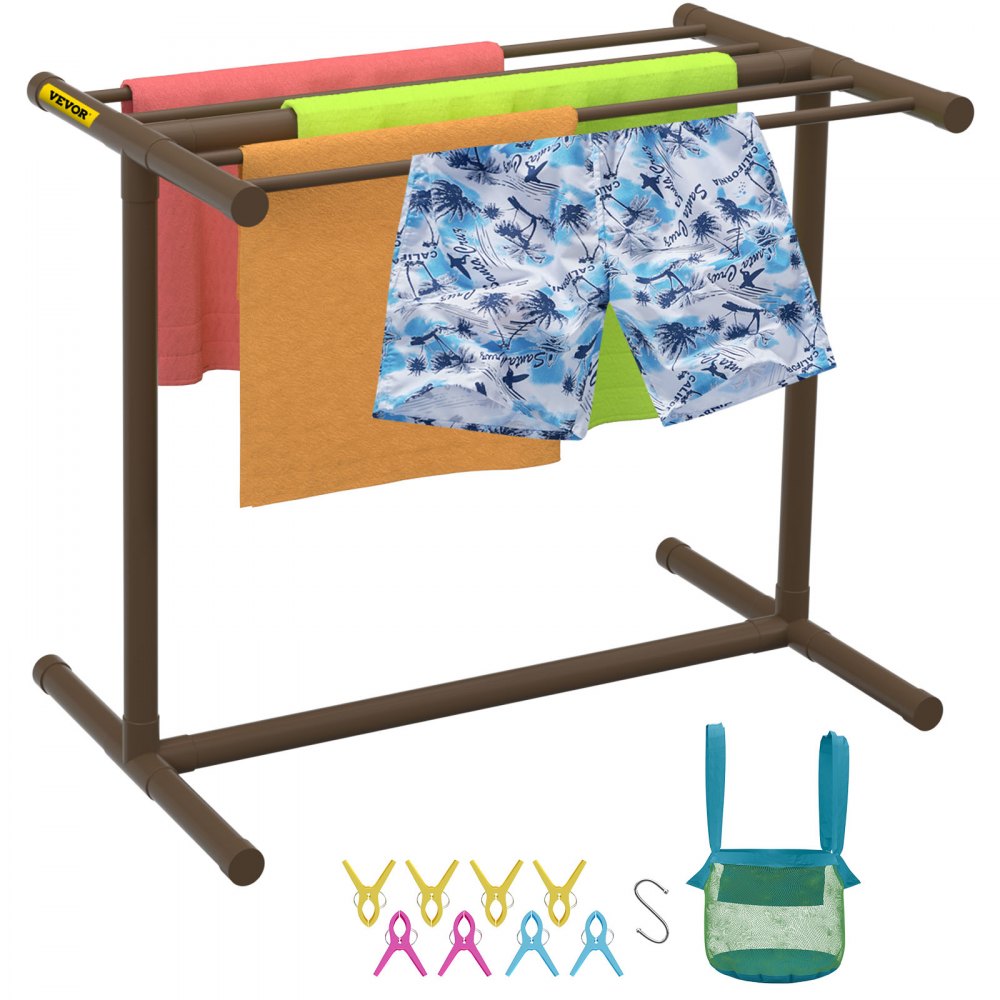 VEVOR Toallero para Piscina 5 Barras Organizador de Almacenamiento Independiente en Forma de T con Clips Bolsa y Gancho para Guardar Flotadores y Remos, Playa, Junto a Piscina, Marrón