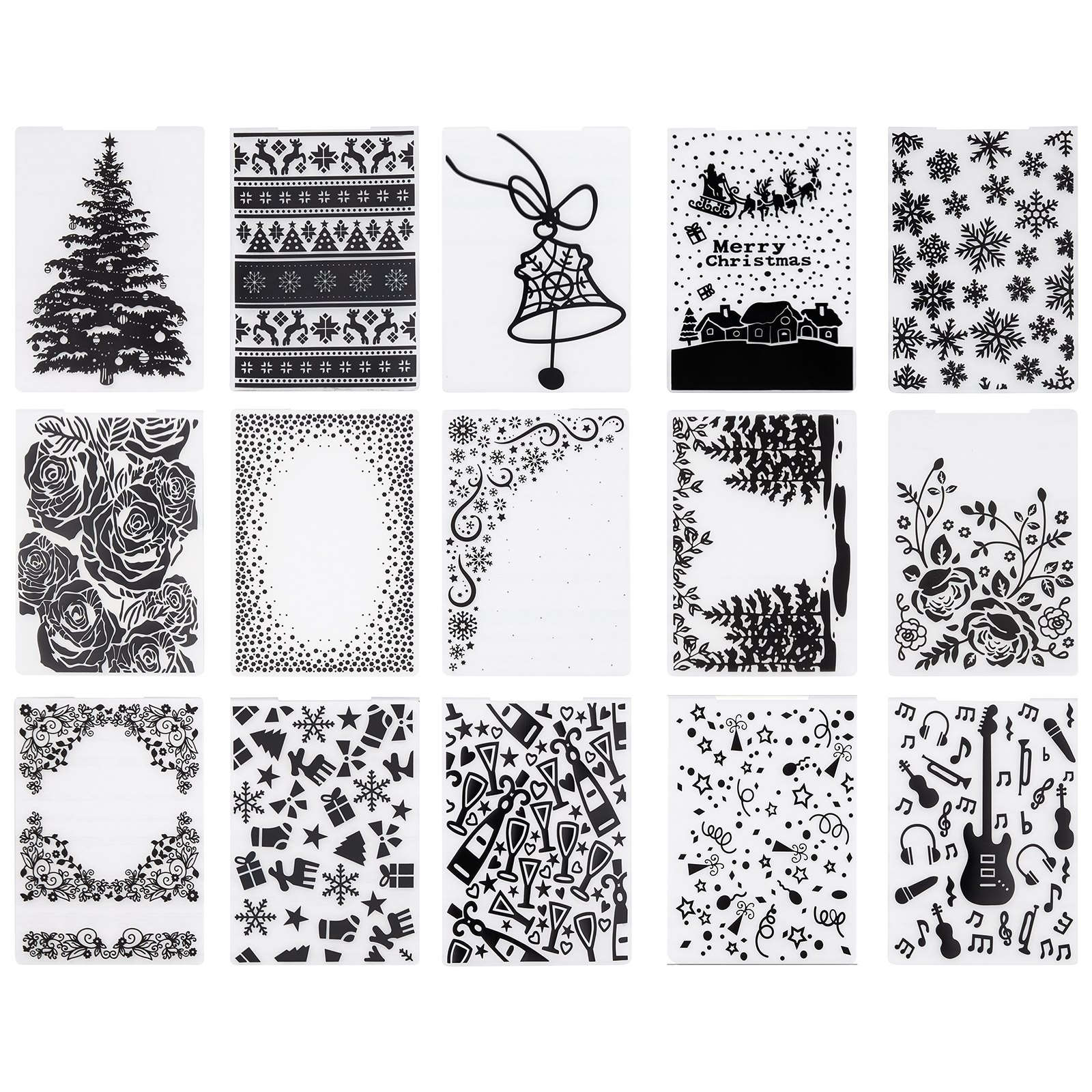 VEVOR Plantillas de Estampado para Manualidades, Juego de 15 Piezas de Carpetas de Estampación, Patrones Navideños y Festivos, Carpeta en Relieve de Plástico, para Scrapbooking Creación de Tarjetas