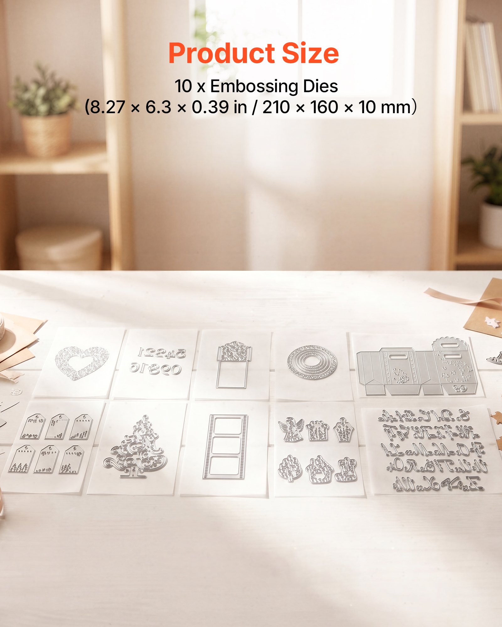 VEVOR Plantillas de Troquelado para Manualidades, Juego de 10 Piezas de Troqueles Metálicos, Patrones de Letras Números Árbol, Compatible con Máquina Troqueladora de VEVOR para Scrapbooking Decoración