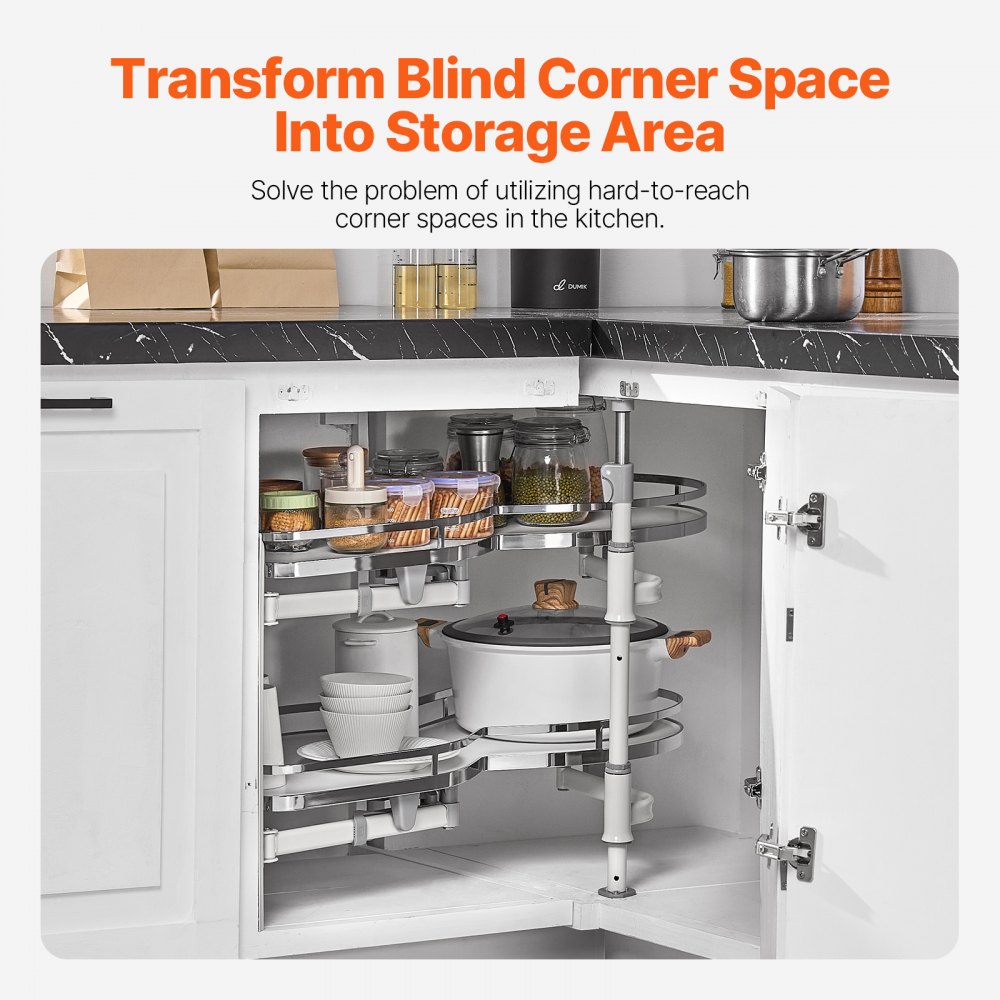 VEVOR Swivel Corner Cabinet Pull-Out Organizer for Wide Roller Shutter Cabinets, 2-Tier Height-Adjustable Swivel Tray, Soft-Closing Kitchen Cloud Roller Shutter Organizer, Open on the Left