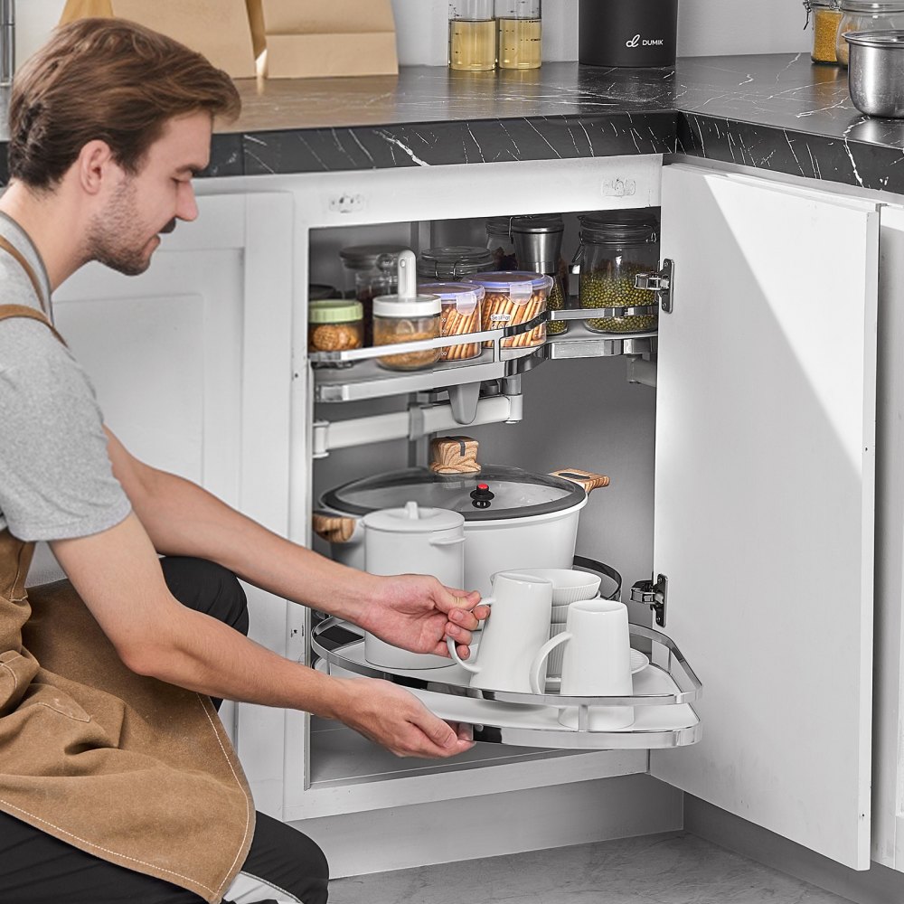 VEVOR Swivel Corner Cabinet Pull-Out Organizer for Wide Roller Shutter Cabinets, 2-Tier Height-Adjustable Swivel Tray, Soft-Closing Kitchen Cloud Roller Shutter Organizer, Open on the Left