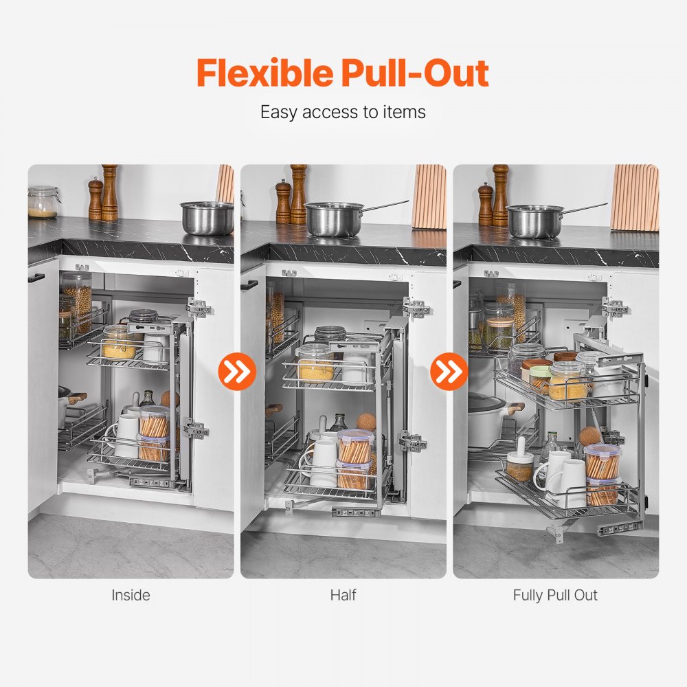 VEVOR Organizador Extraíble de Esquina Ciega, Organizador de Gabinete Cocina 2 Niveles y 4 Estantes, Acero al Carbono con Cromo Mágico, Compatible con Apertura Izquierda y Derecha, 860 x 535 x 560 mm