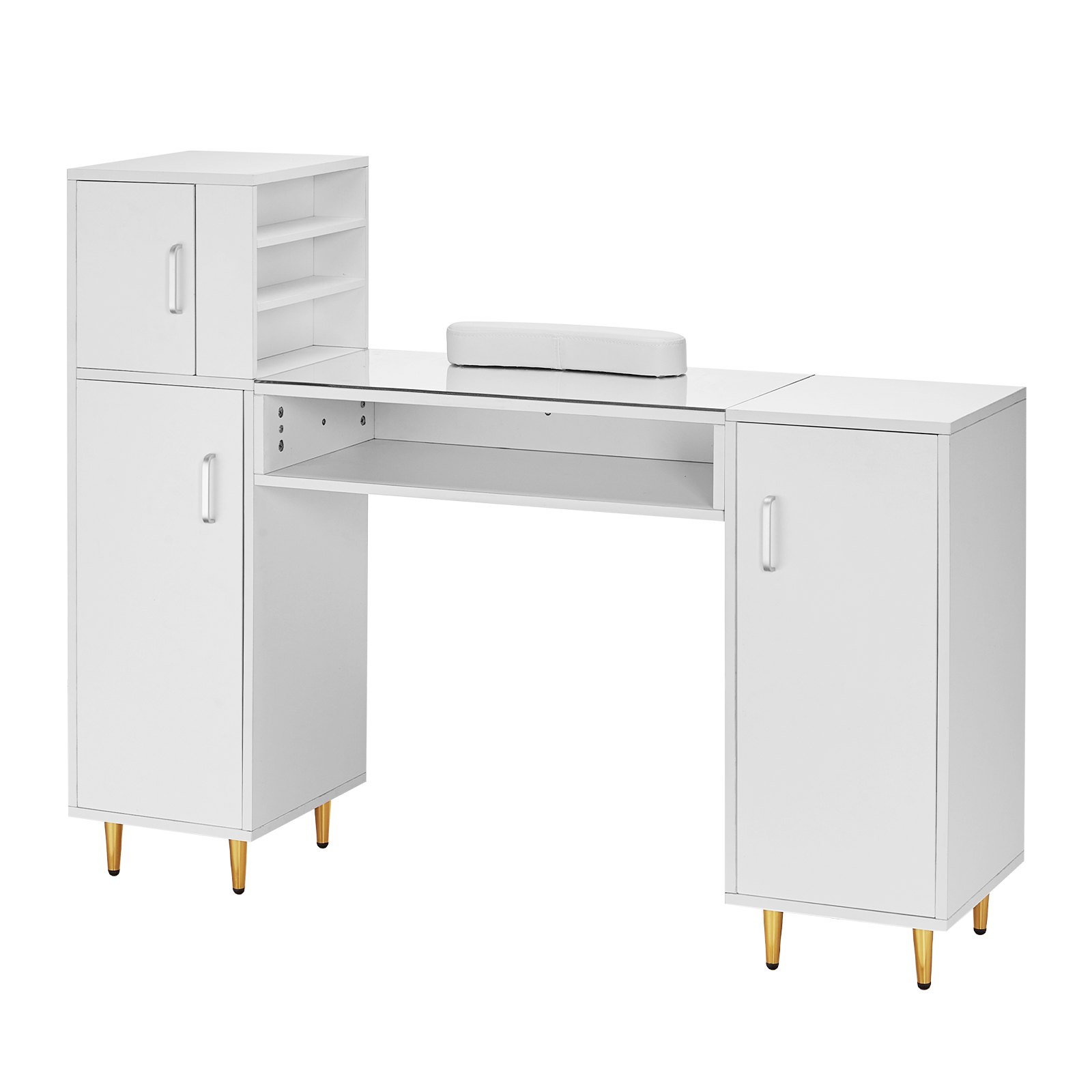 VEVOR Mesa de manicura, escritorio de uñas con tapa de cristal con gabinetes de almacenamiento para spa, salón de belleza, estación de trabajo con reposamuñecas, 8 patas de metal, color blanco