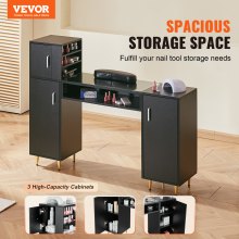 VEVOR Mesa de manicura, escritorio de uñas con tapa de cristal, estación de maquillaje con gabinetes de almacenamiento para spa salón estación de trabajo con reposamuñecas, 8 patas de metal, negro