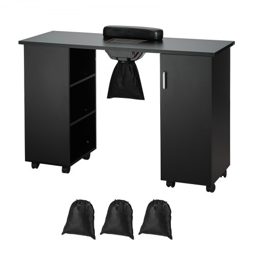 VEVOR Mesa de Manicura, Colector de Polvo de Uñas Eléctrico Estación de Mesa de Uñas, Escritorio de Uñas Móvil 8 Ruedas (4 con Cerradura) 3 Bolsas de Polvo Reposamuñecas, MDF para Spa, Negro