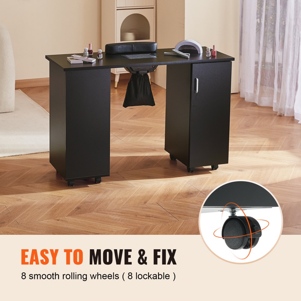 VEVOR Mesa de Manicura, Colector de Polvo de Uñas Eléctrico Estación de Mesa de Uñas, Escritorio de Uñas Móvil 8 Ruedas (4 con Cerradura) 3 Bolsas de Polvo Reposamuñecas, MDF para Spa, Negro