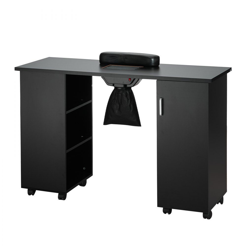 VEVOR Mesa de Manicura, Colector de Polvo de Uñas Eléctrico Estación de Mesa de Uñas, Escritorio de Uñas Móvil 8 Ruedas (4 con Cerradura) 3 Bolsas de Polvo Reposamuñecas, MDF para Spa, Negro