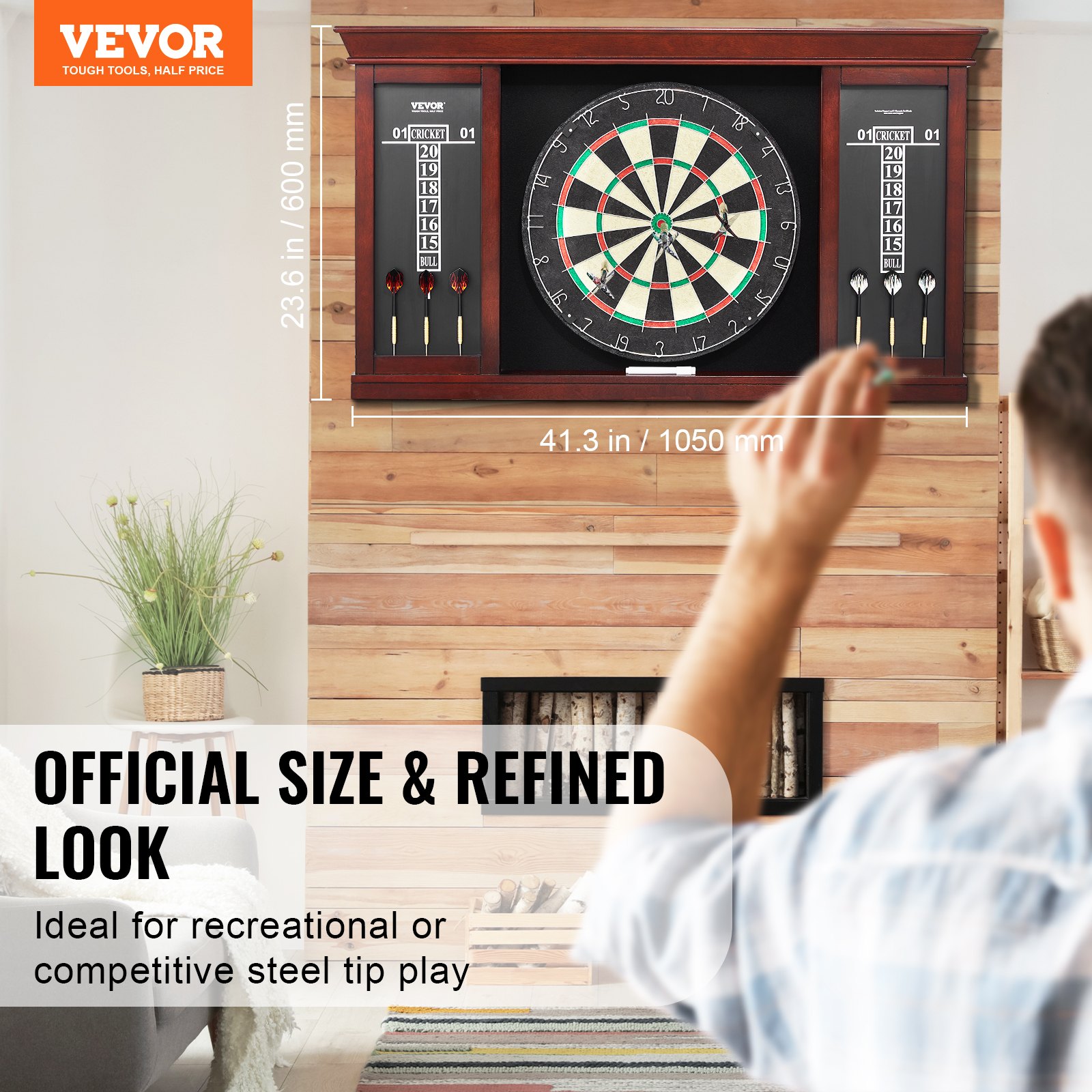 VEVOR Dartboard Ready to Play Package, Official Size Dartboard Cabinet Set, 45 x 3.8 cm Dartboard, Steel Tip Dart Cabinet, Complete with All Accessories, for Cricket Games