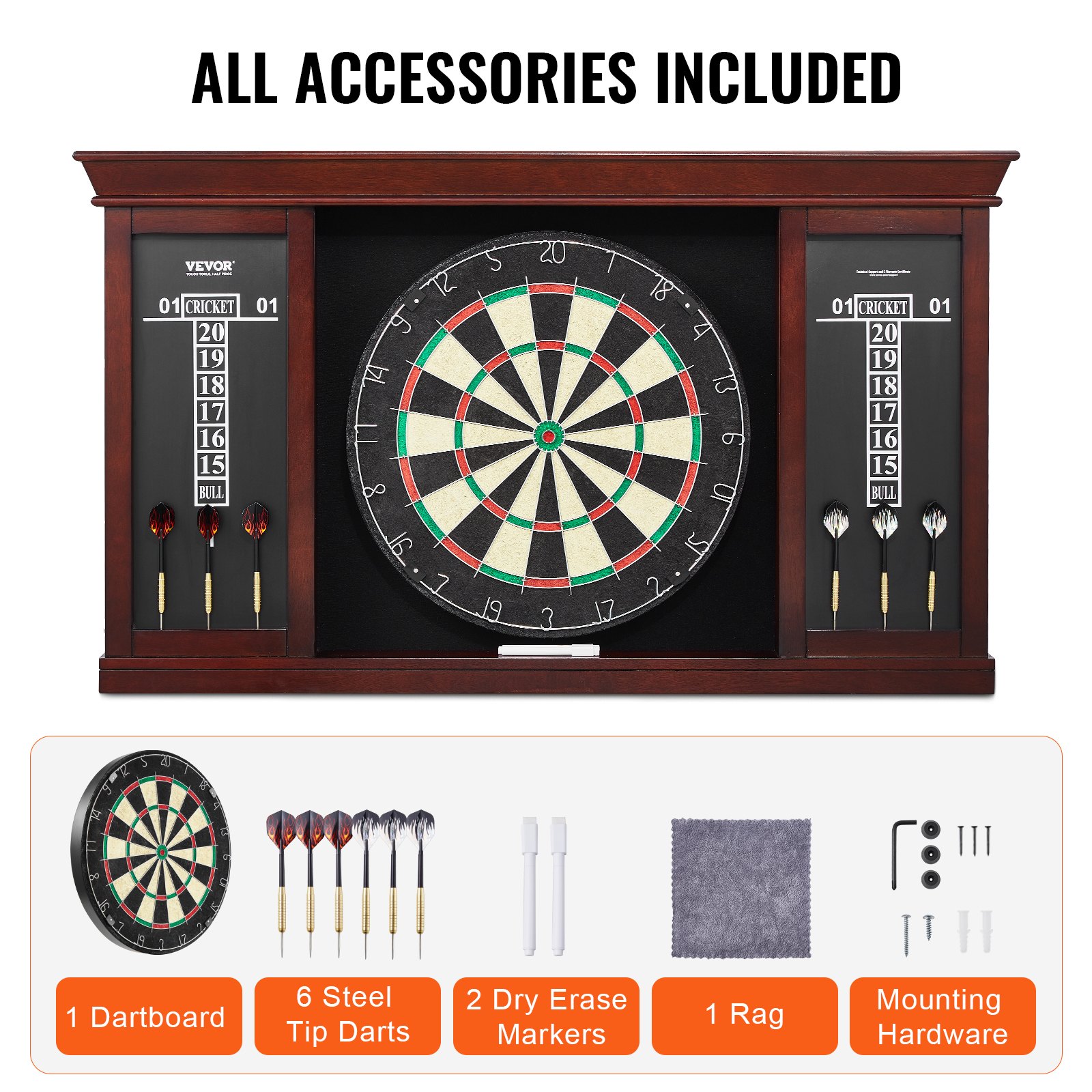 VEVOR Dartboard Ready to Play Package, Official Size Dartboard Cabinet Set, 45 x 3.8 cm Dartboard, Steel Tip Dart Cabinet, Complete with All Accessories, for Cricket Games