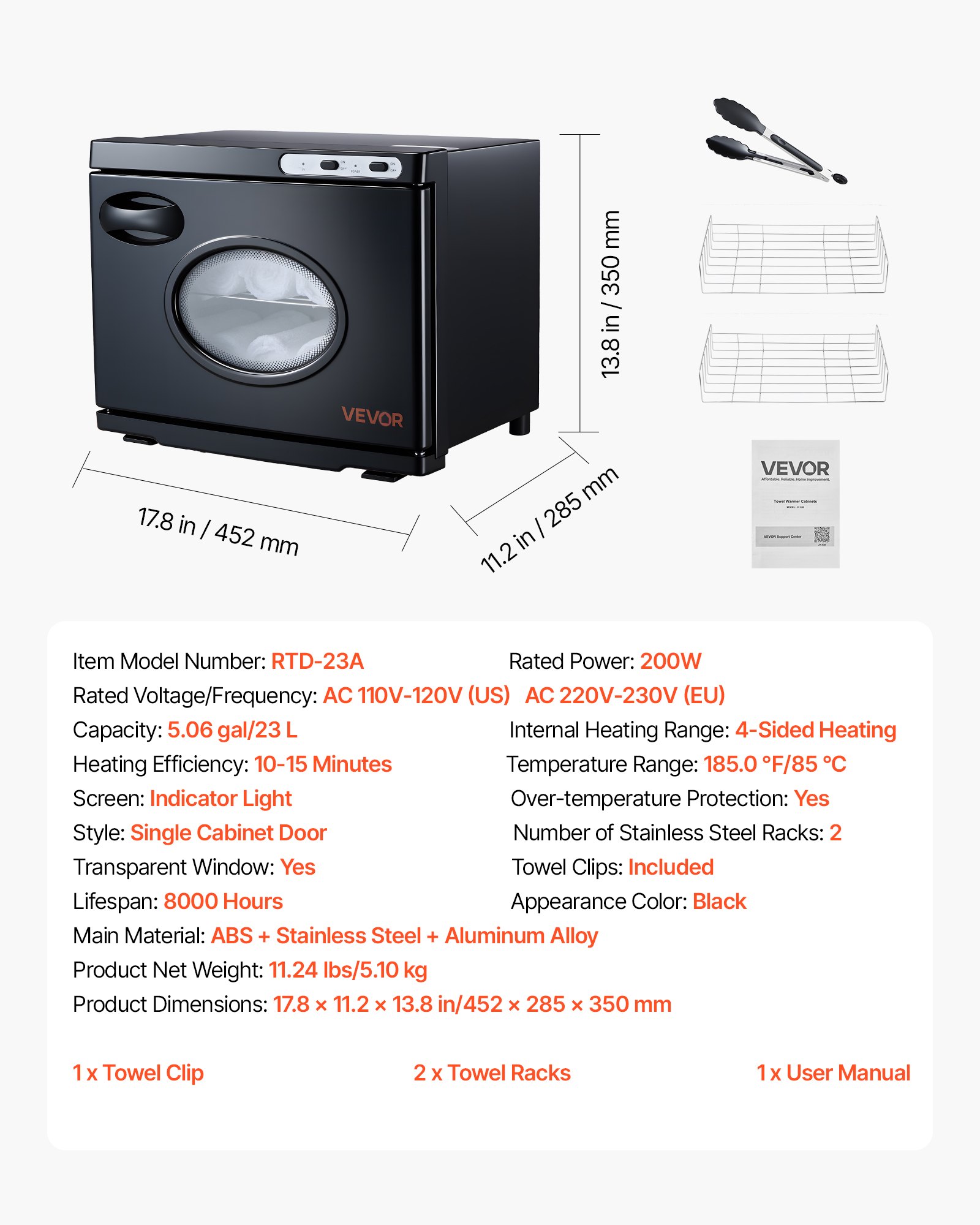 VEVOR Calentador de Toallas de 23 L, Esterilizador Secador para 36 Toallas, con Ventana Transparente, Clip y Rejillas, Versátil para Spa, Barbería, Manicura, Masajes, Salón de Belleza, Negro