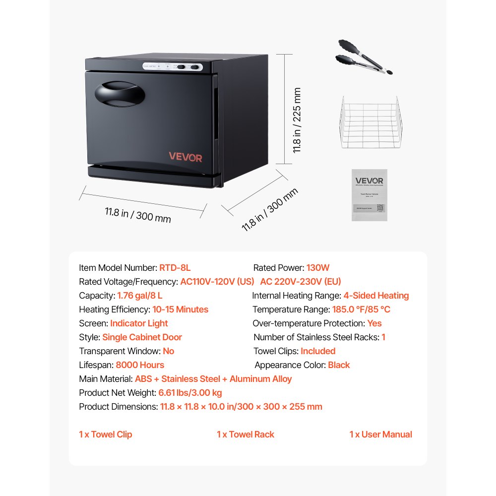 VEVOR Calentador de Toallas 8 L, Esterilizador Secador para 12 Toallas, con Clip y Rejilla, Función de Calentamiento de 360°, Versátil para Spa, Barbería, Manicura, Masajes, Salón de Belleza, Negro