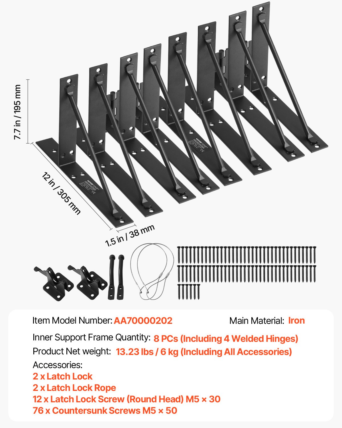 VEVOR Gate Corner Strut Bracket 2 Sets, Anti-Sagging Iron Gate Frame, Gate Frame Strut Bracket with Latch Lock & Screws, for Shed Doors, Corral Gates, Driveway Gates, Black