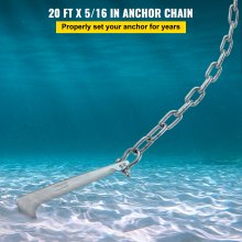 VEVOR Cadena de ancla 20' x 5/16" cadena de acero inoxidable grillete de cadena de ancla de 3/8" carga de 7120 libras rotura de grillete de cadena de ancla 9460 libras cadena de ancla para boa pequeña