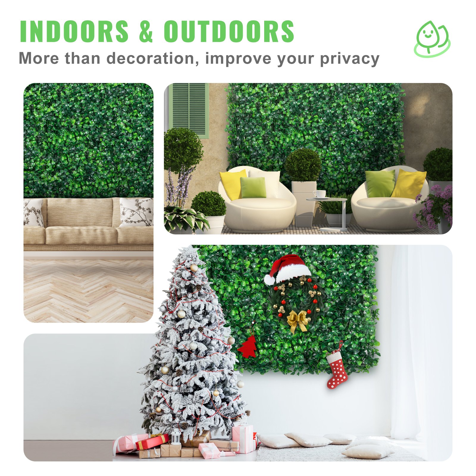 Paneles de boj artificial VEVOR para decoración interior y exterior con adornos festivos navideños.